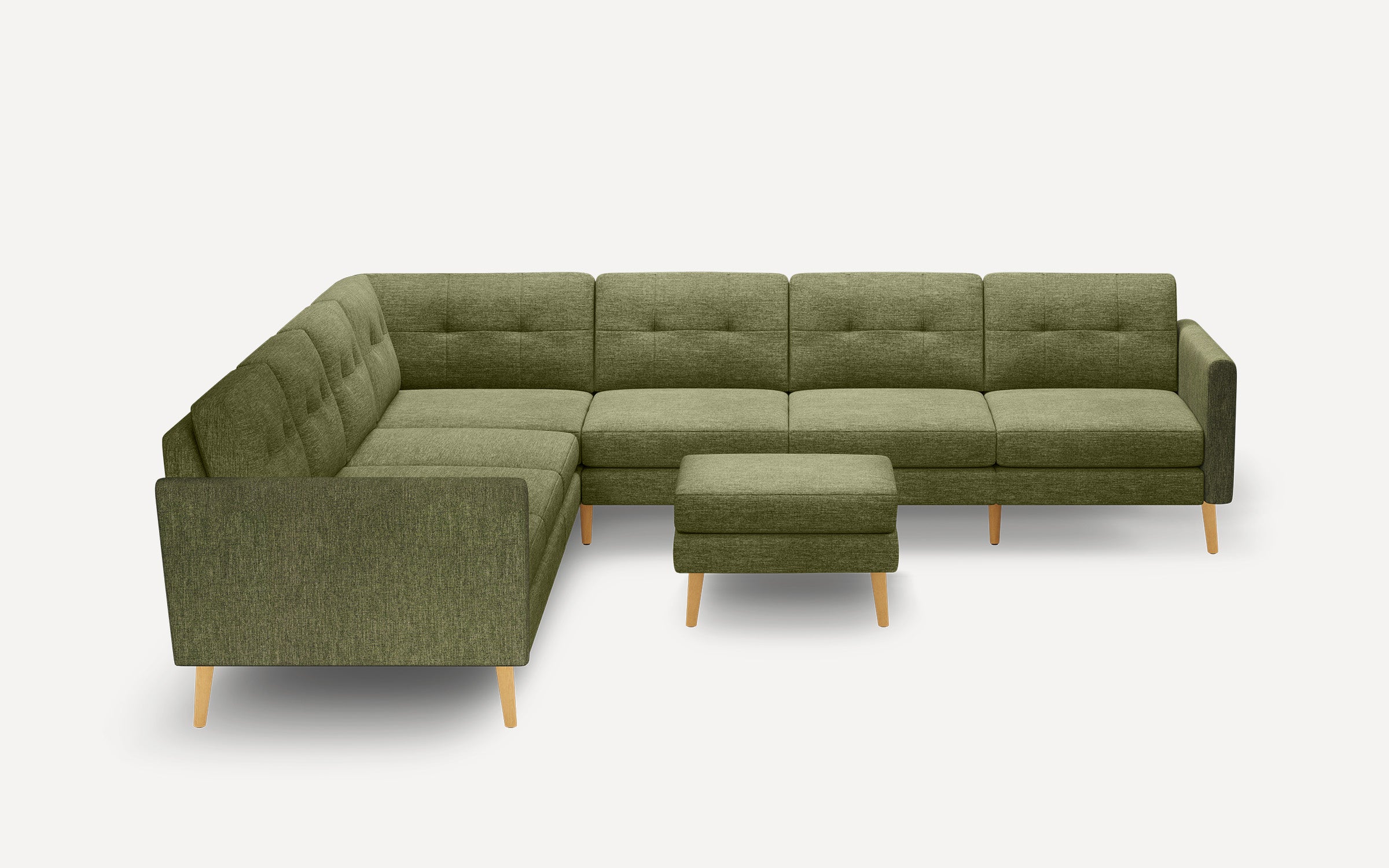 Olive green L-shaped sectional sofa with tufted cushions, wooden legs, and matching ottoman on a white background.