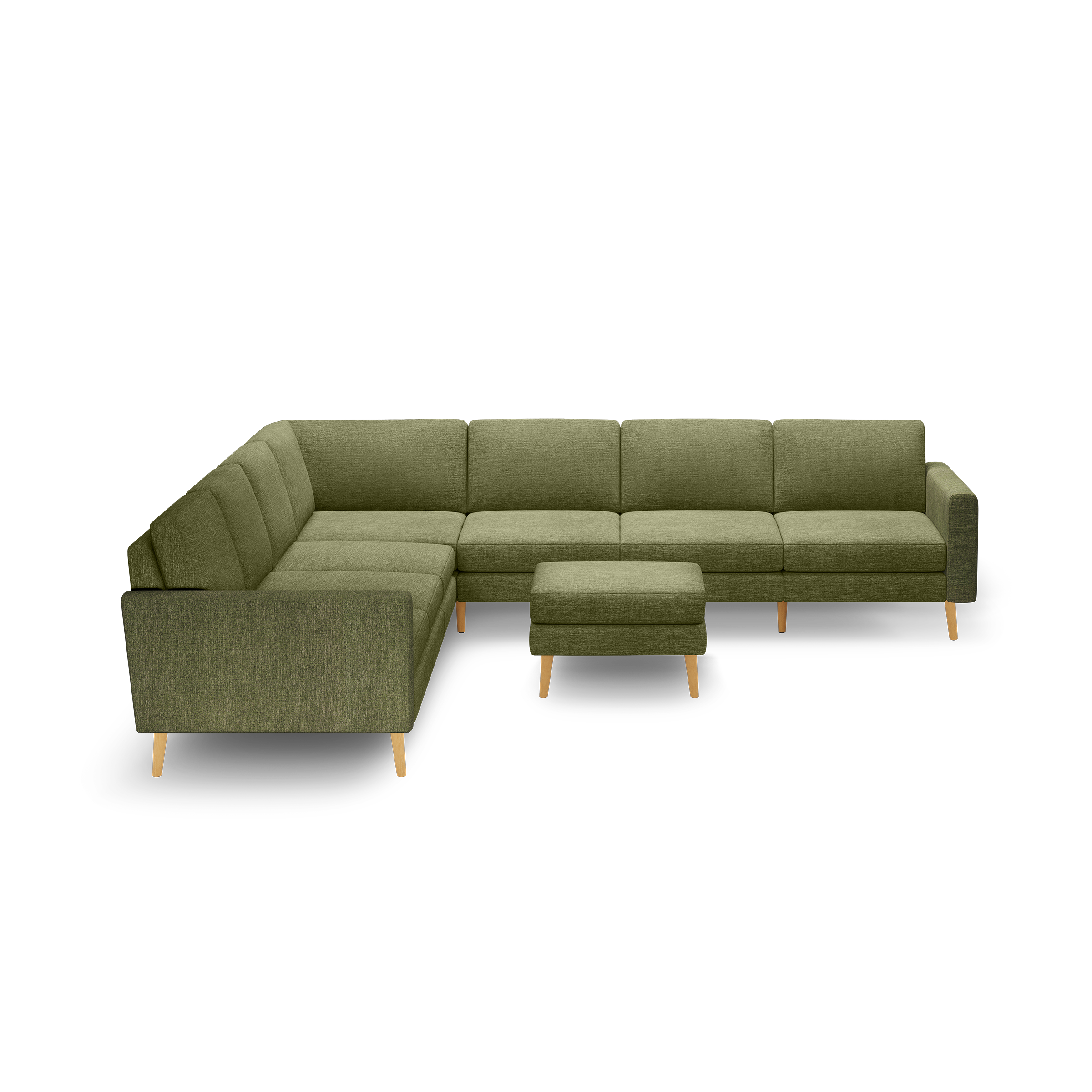L-shaped olive green fabric sectional sofa with tufted cushions and light wooden legs, accompanied by a matching ottoman.