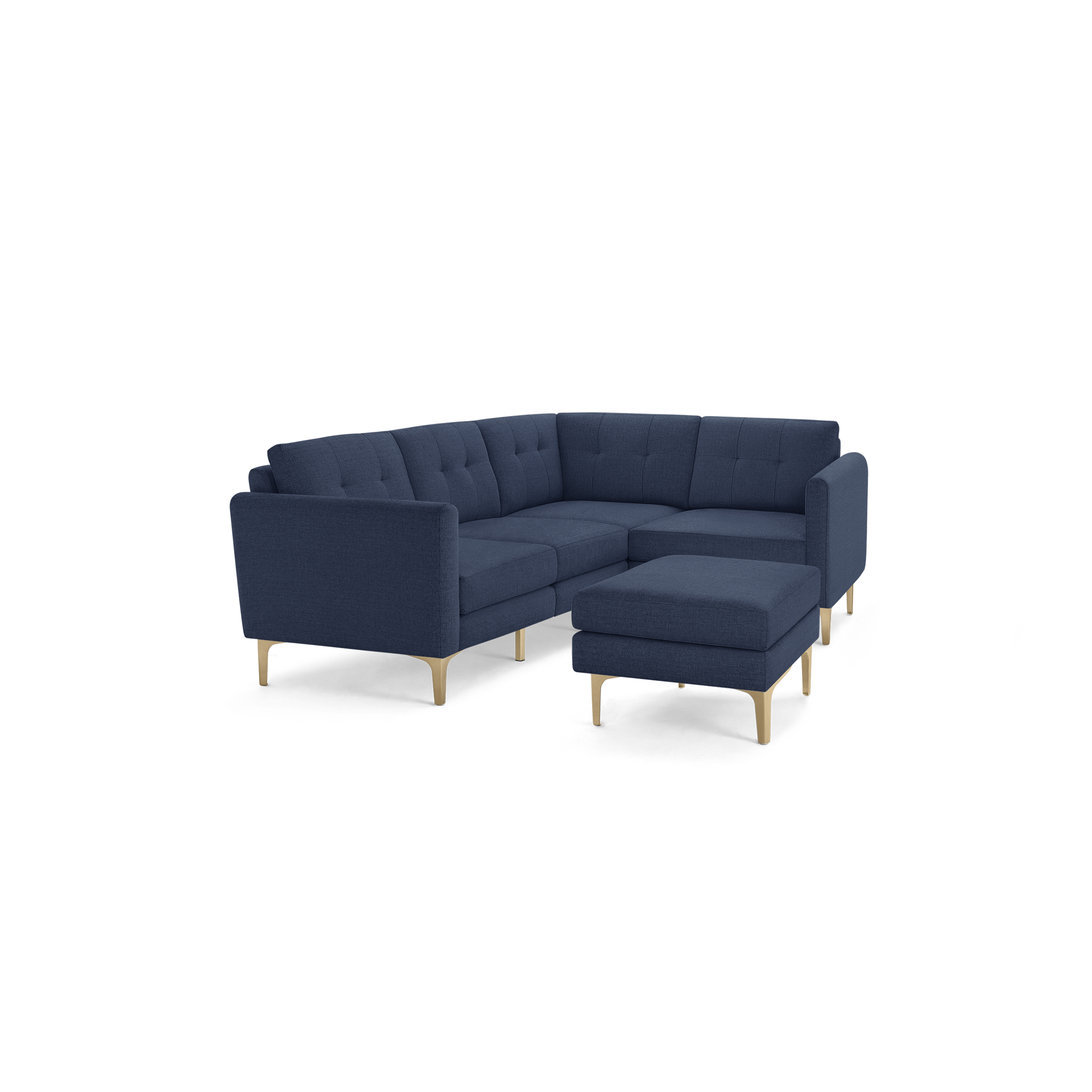 Modern navy blue L-shaped sectional sofa with tufted back cushions and light wooden legs, includes matching ottoman.