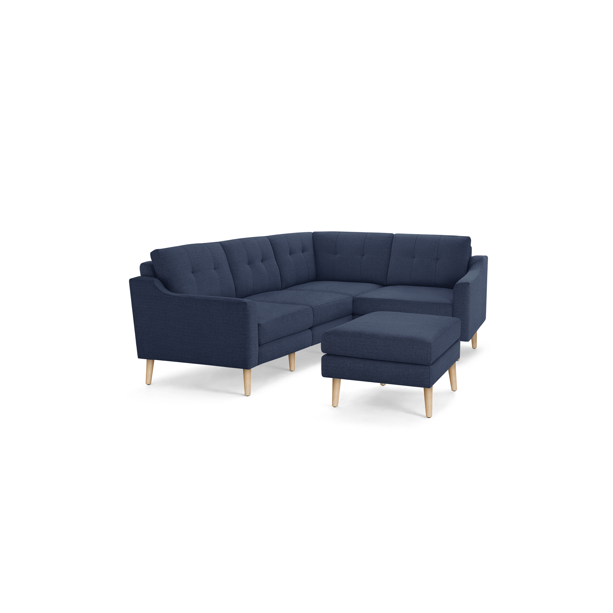 Modern navy blue fabric L-shaped sectional sofa with tufted back cushions and light wooden legs, includes matching ottoman.