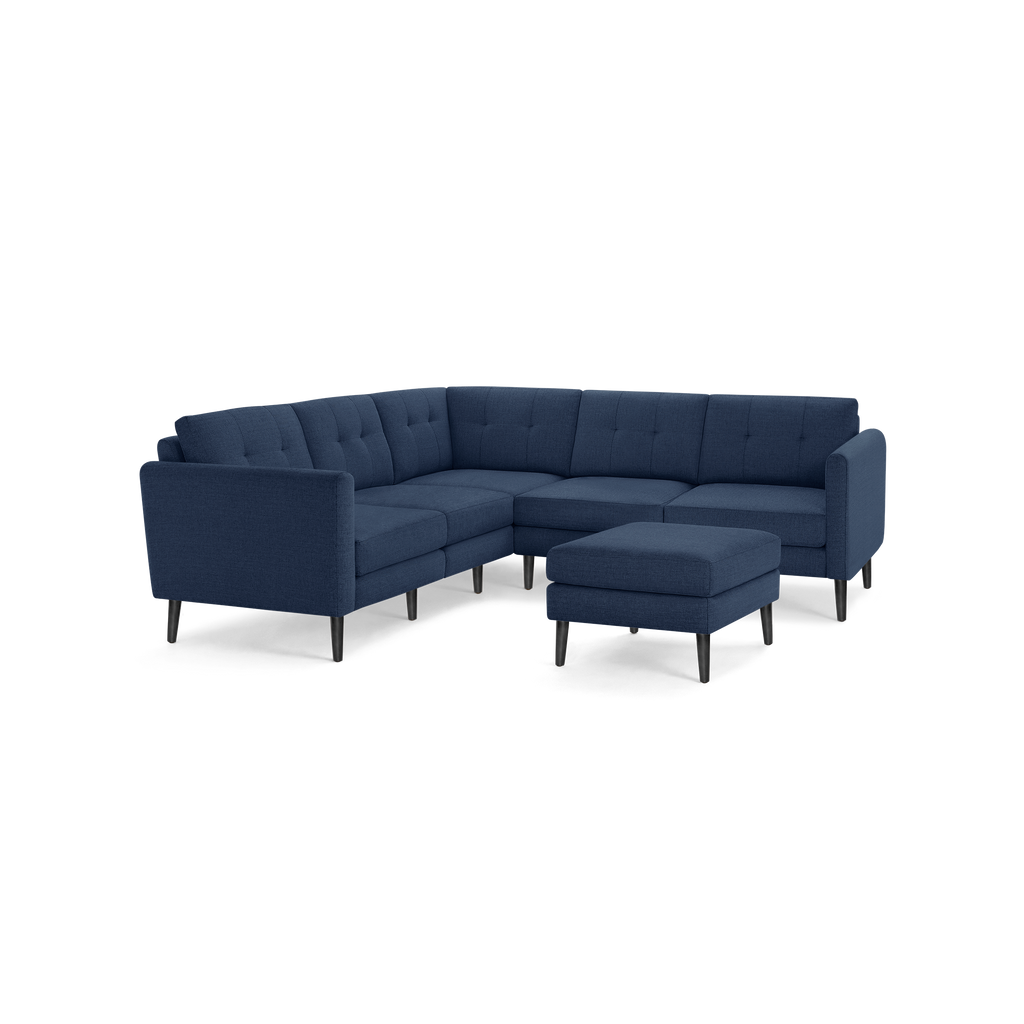Nomad 5-Seat Corner Sectional with Ottoman - Navy Blue - Performance Basketweave / Ebony - Wood / Arch