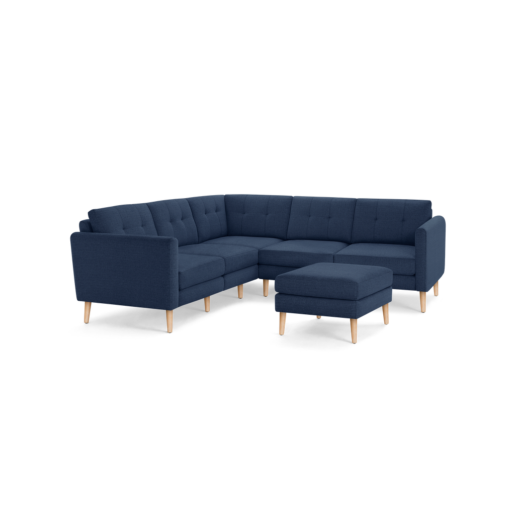 Nomad 5-Seat Corner Sectional with Ottoman - Navy Blue - Performance Basketweave / Oak - Wood / Arch