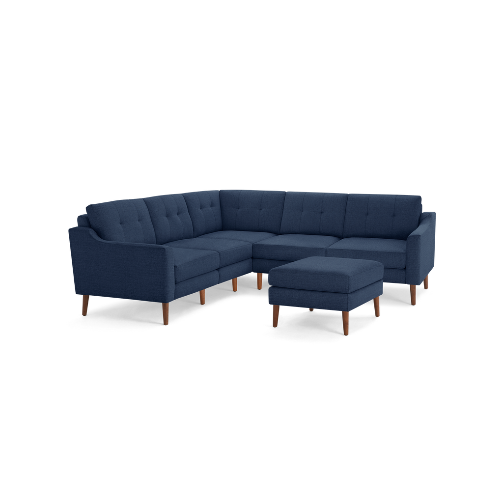 Nomad 5-Seat Corner Sectional with Ottoman - Navy Blue - Performance Basketweave / Walnut - Wood / Slope