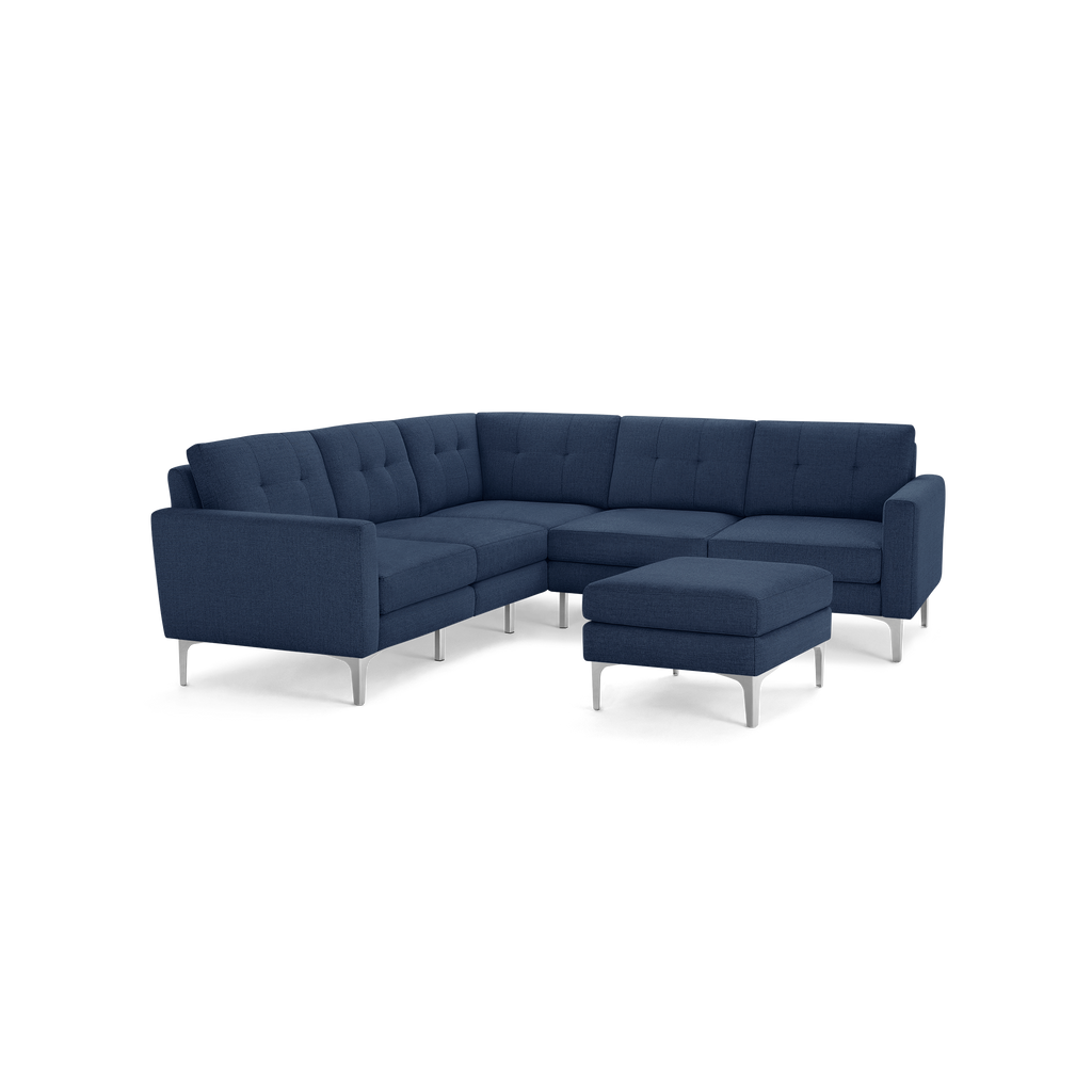 Nomad 5-Seat Corner Sectional with Ottoman - Navy Blue - Performance Basketweave / Chrome - Metal / Block