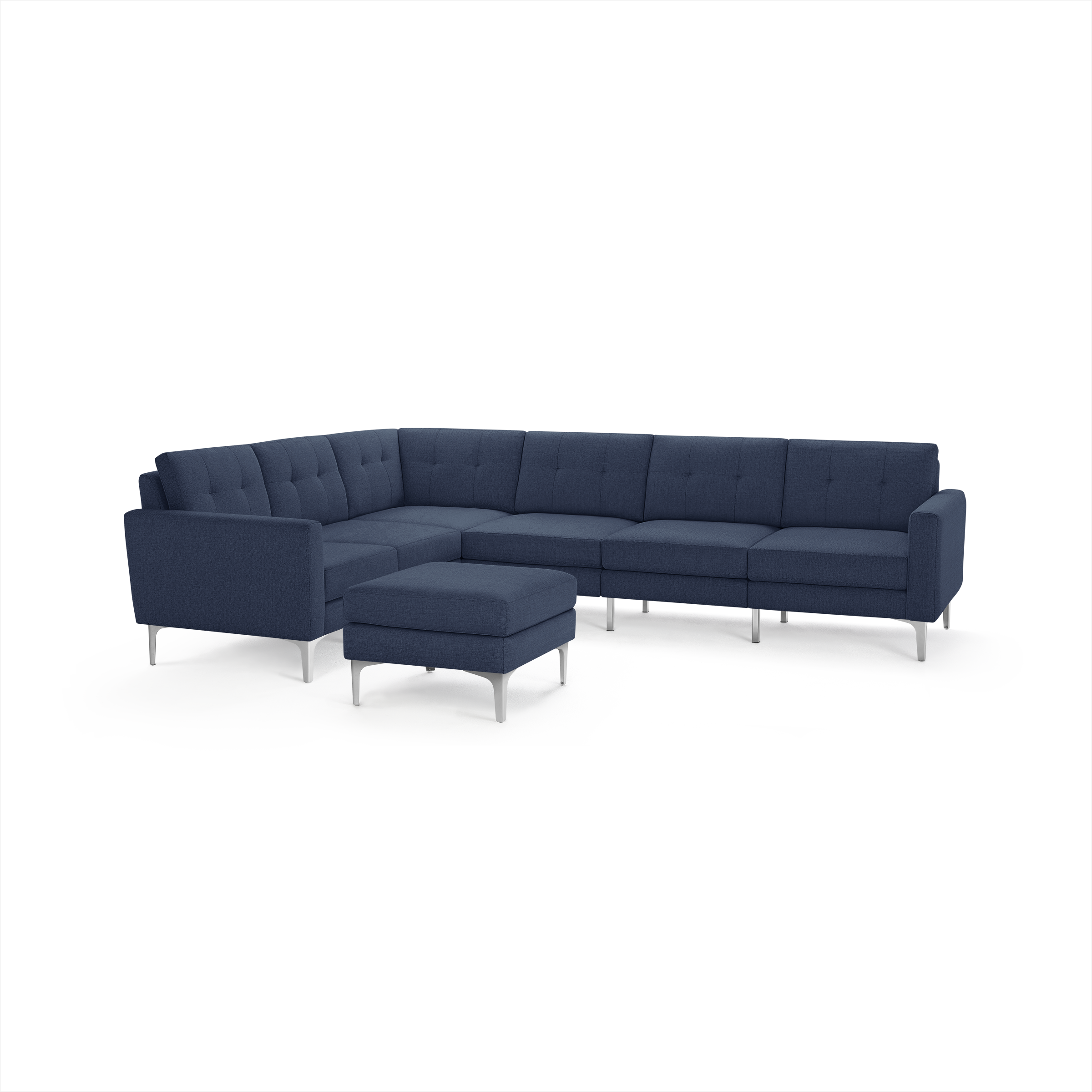 Navy blue modern sectional sofa with metal legs and matching ottoman, featuring tufted cushions and clean lines.