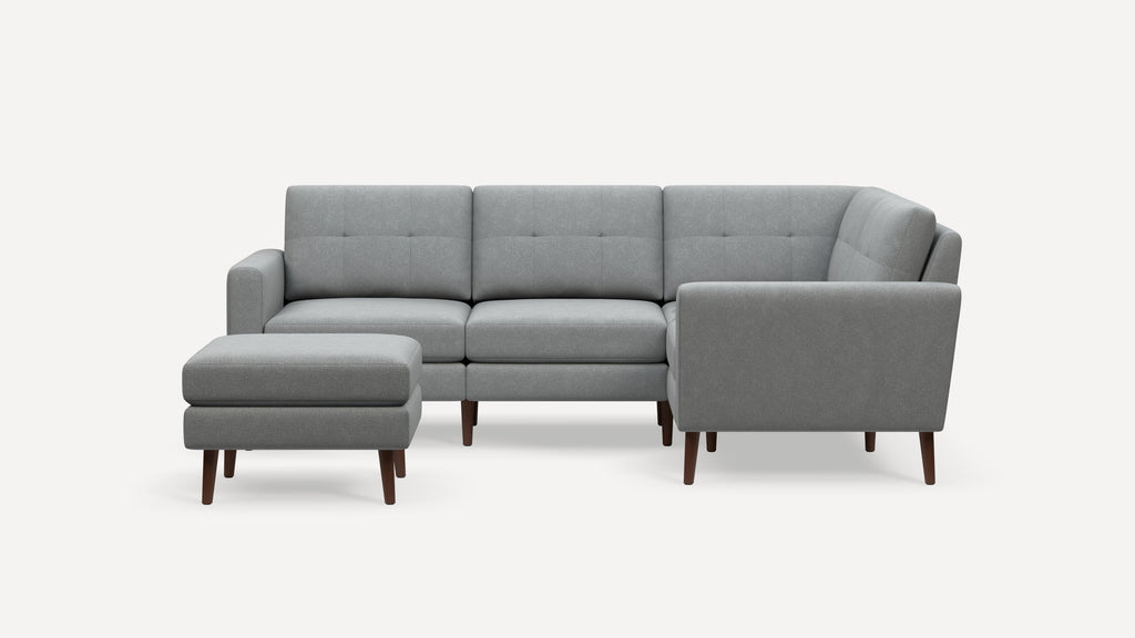 Nomad Plus 4-Seat Corner Sectional with Ottoman - Crushed Gravel - Performance Chenille / Walnut - Wood / Block Arm