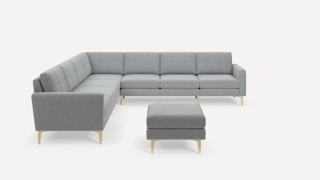 Nomad Plus 7-Seat Corner Sectional with Ottoman - Crushed Gravel - Performance Chenille / Brass - Metal / Block Arm