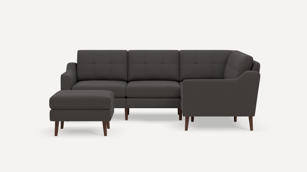 Nomad Plus 4-Seat Corner Sectional with Ottoman - Heather Charcoal - Performance Chenille / Walnut - Wood / Slope Arm
