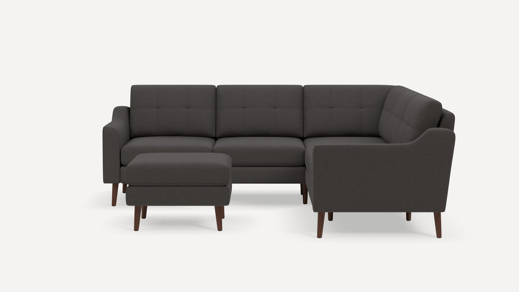 Nomad Plus 5-Seat Corner Sectional with Ottoman - Heather Charcoal - Performance Chenille / Walnut - Wood / Slope Arm