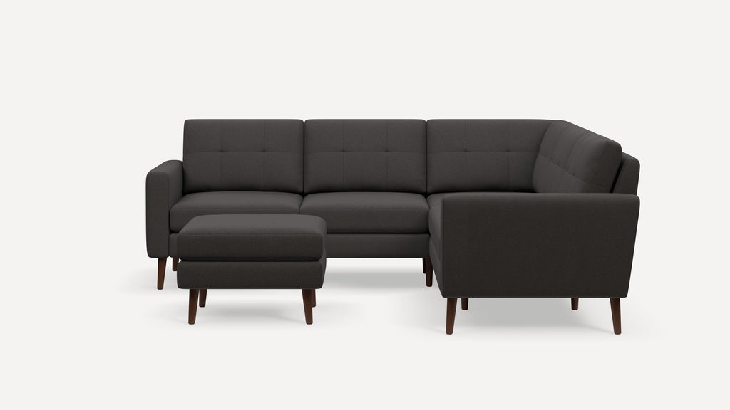 Nomad Plus 5-Seat Corner Sectional with Ottoman - Heather Charcoal - Performance Chenille / Walnut - Wood / Block Arm