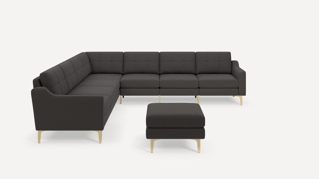 Nomad Plus 7-Seat Corner Sectional with Ottoman - Heather Charcoal - Performance Chenille / Brass - Metal / Slope Arm