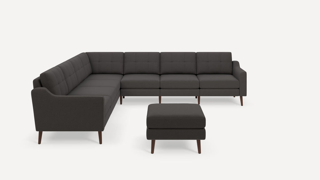 Nomad Plus 7-Seat Corner Sectional with Ottoman - Heather Charcoal - Performance Chenille / Walnut - Wood / Slope Arm