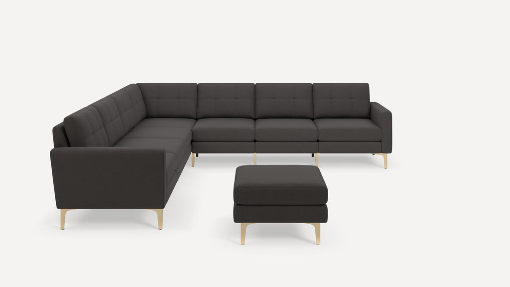 Nomad Plus 7-Seat Corner Sectional with Ottoman - Heather Charcoal - Performance Chenille / Brass - Metal / Block Arm