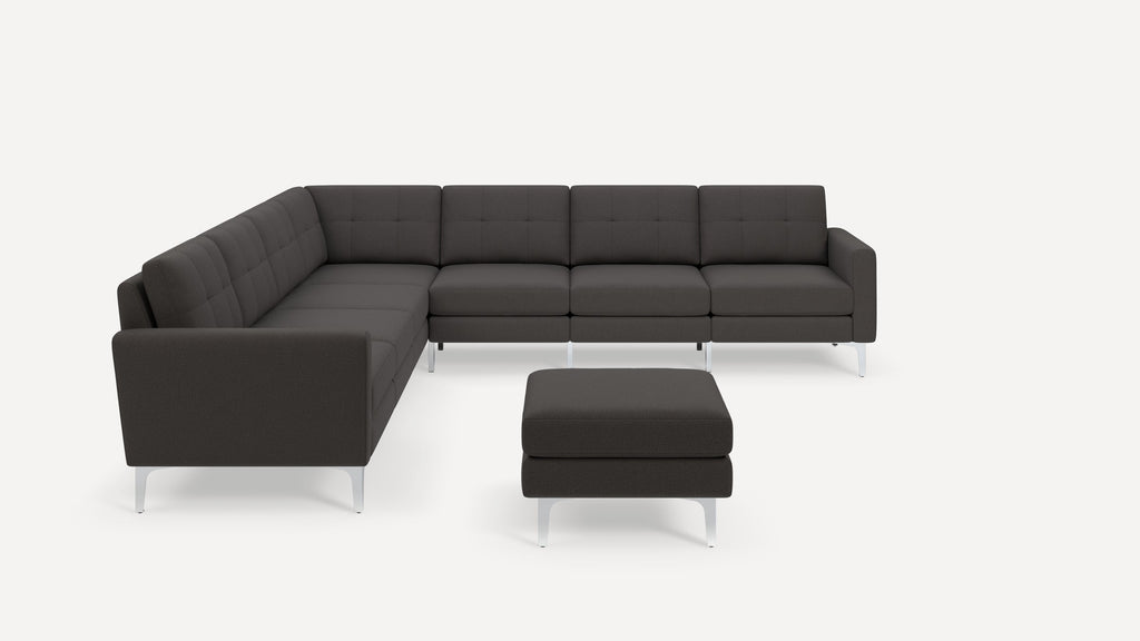 Nomad Plus 7-Seat Corner Sectional with Ottoman - Heather Charcoal - Performance Chenille / Chrome - Metal / Block Arm