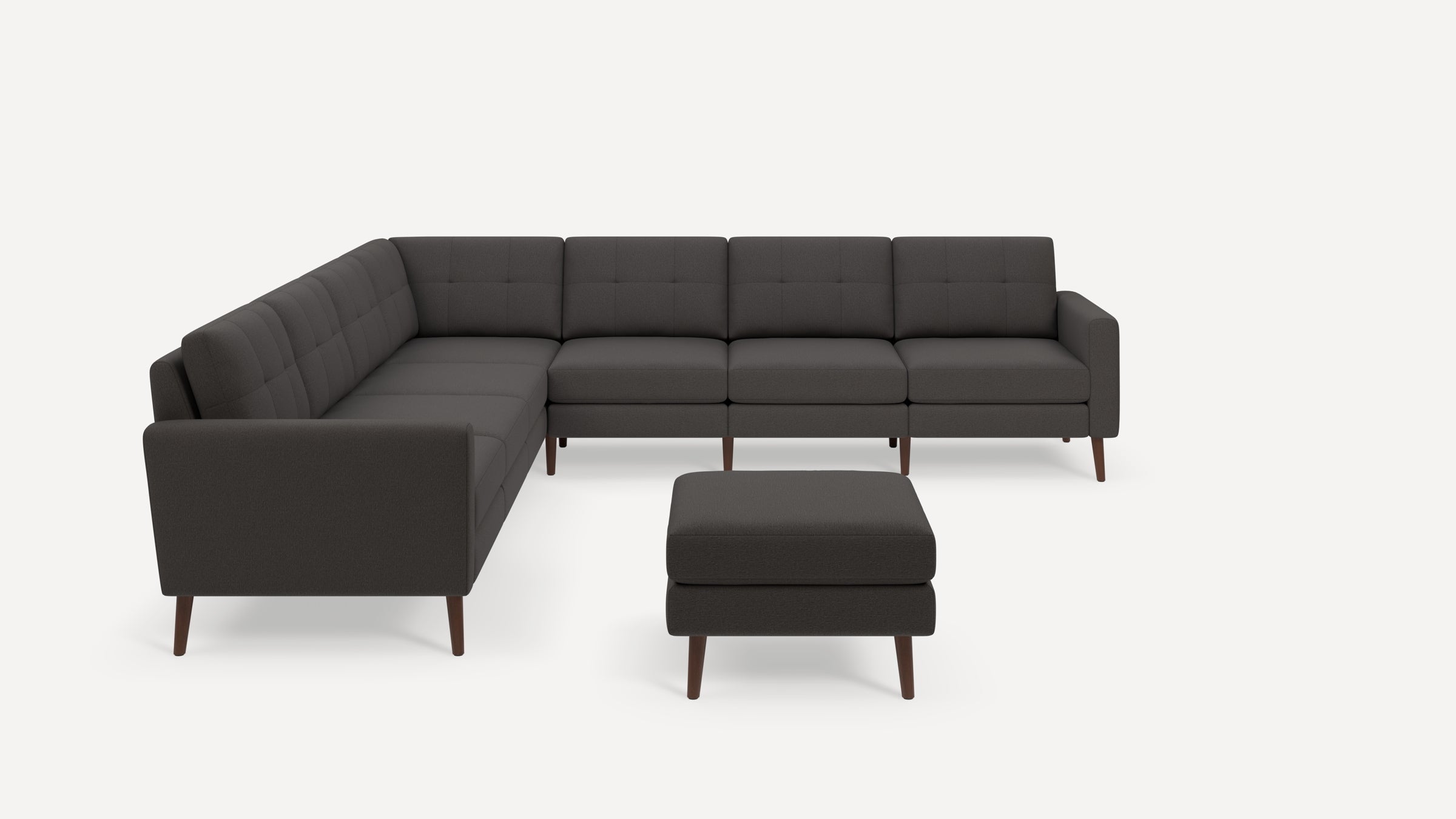 Nomad Plus 7-Seat Corner Sectional with Ottoman - Heather Charcoal - Performance Chenille / Walnut - Wood / Block Arm