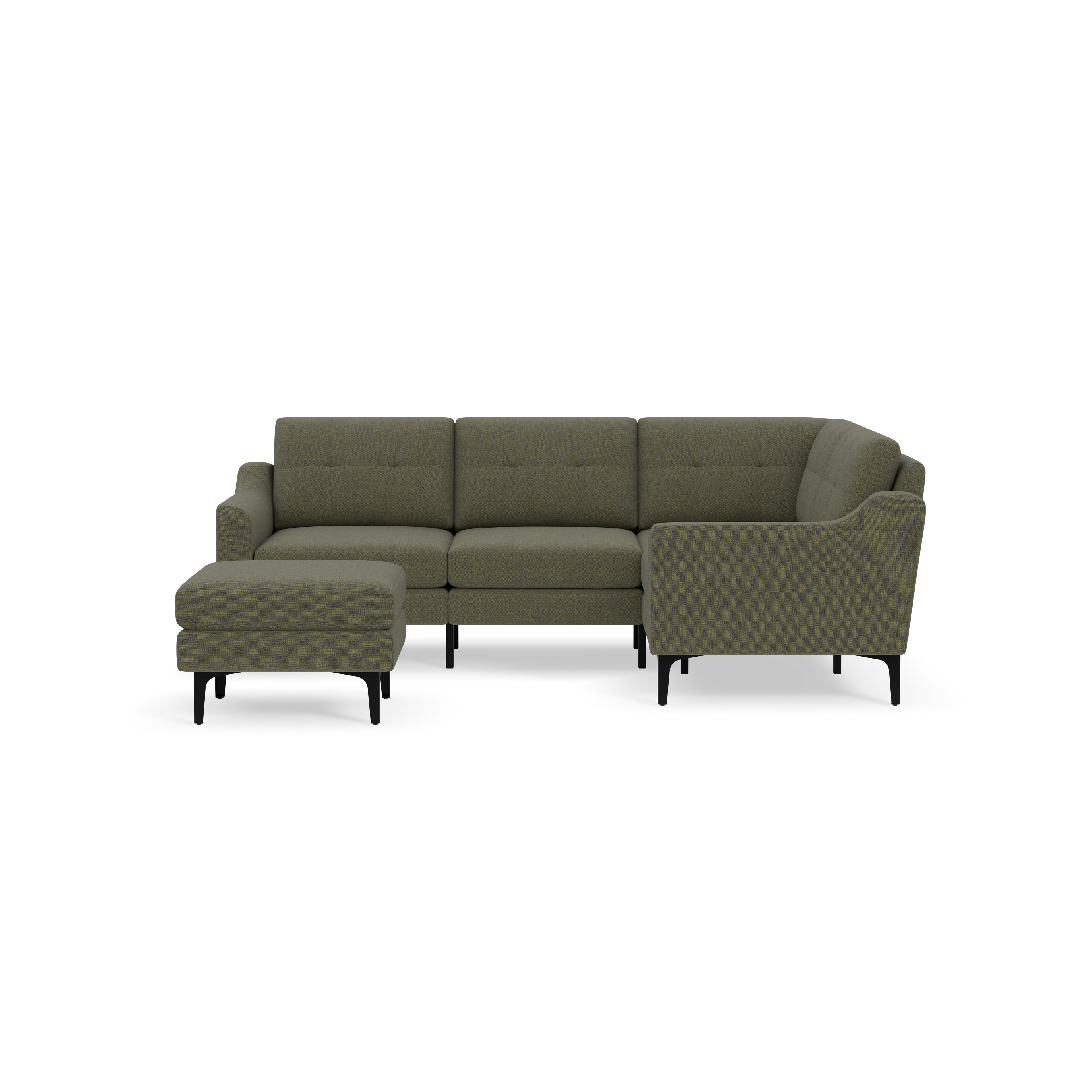 Modern olive green sectional sofa with tufted cushions and curved armrests, accompanied by a matching ottoman on black legs.