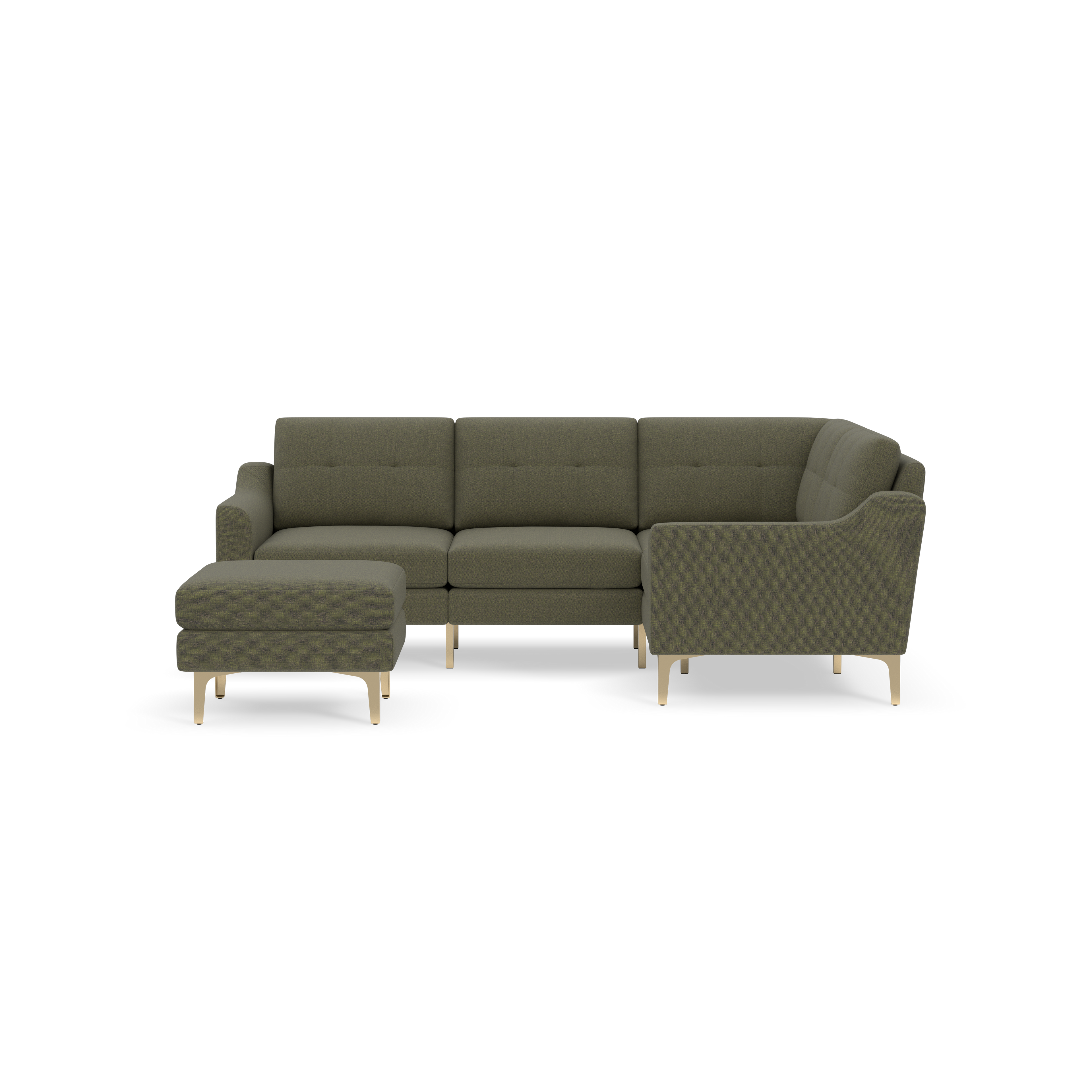 Modern olive green sectional sofa with separate ottoman, tufted cushions, and light wooden legs, shown on a black background.