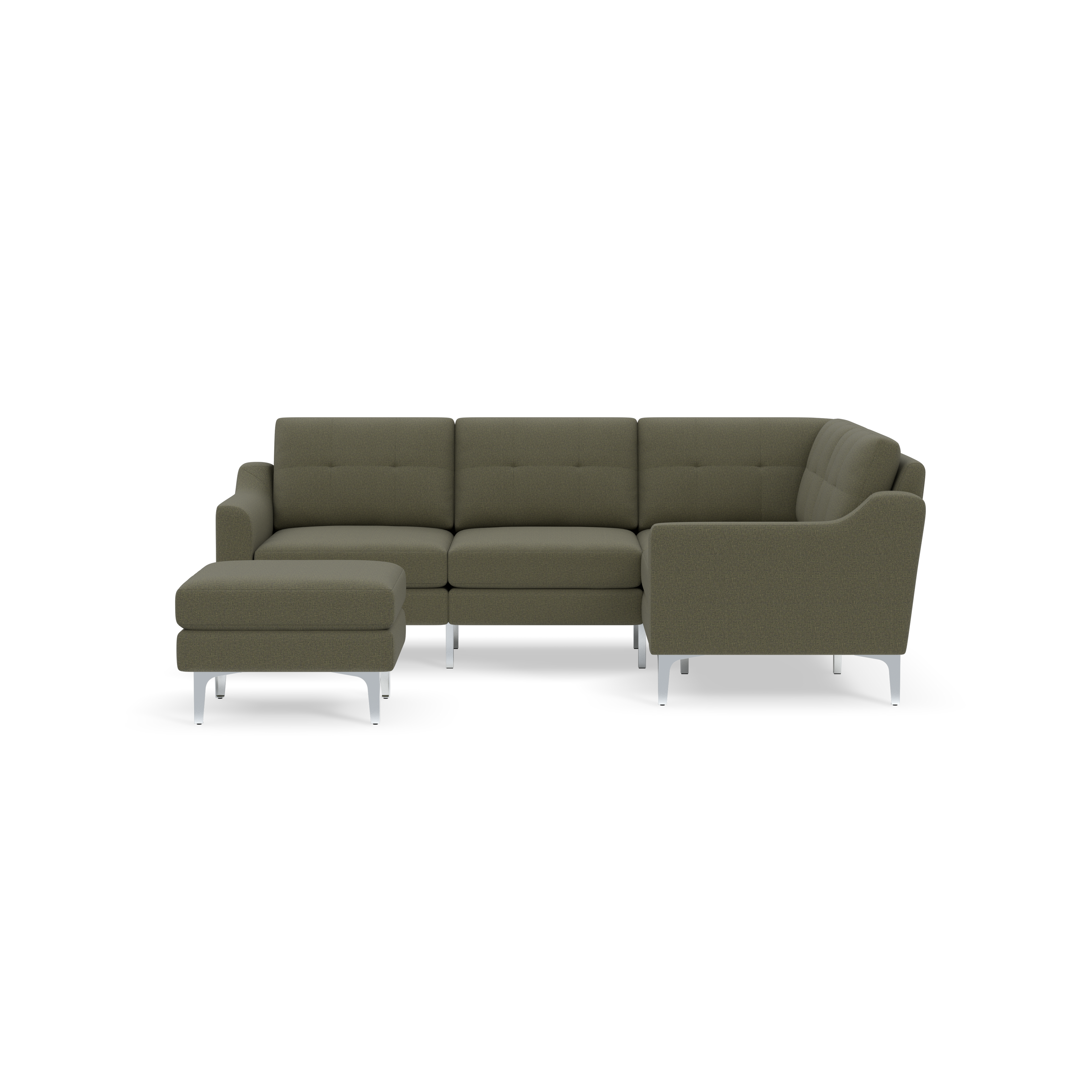 Olive green L-shaped sectional sofa with tufted cushions and matching ottoman on silver metal legs, isolated on black background.