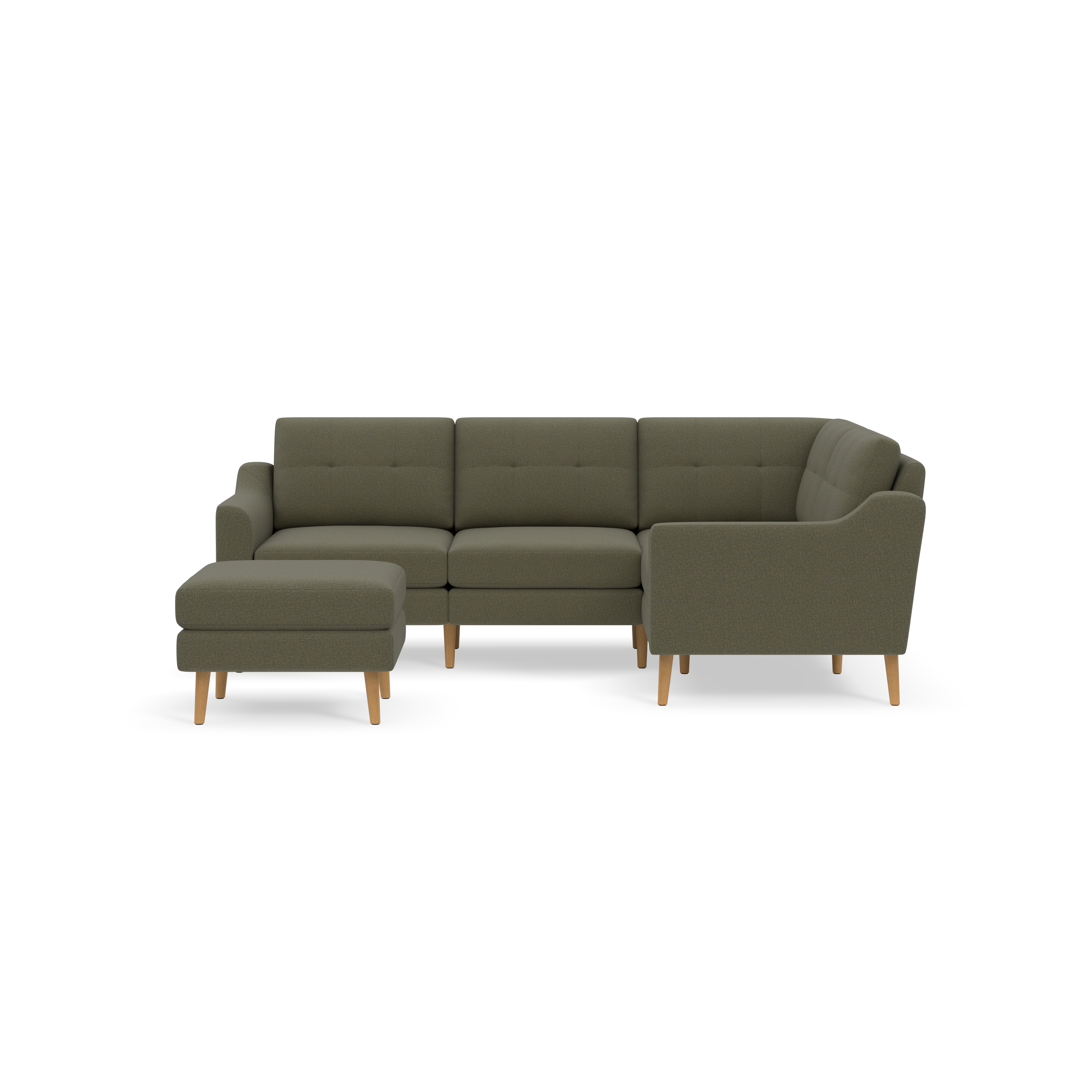 Modern olive green fabric L-shaped sectional sofa with wooden legs and matching ottoman, displayed on black background.