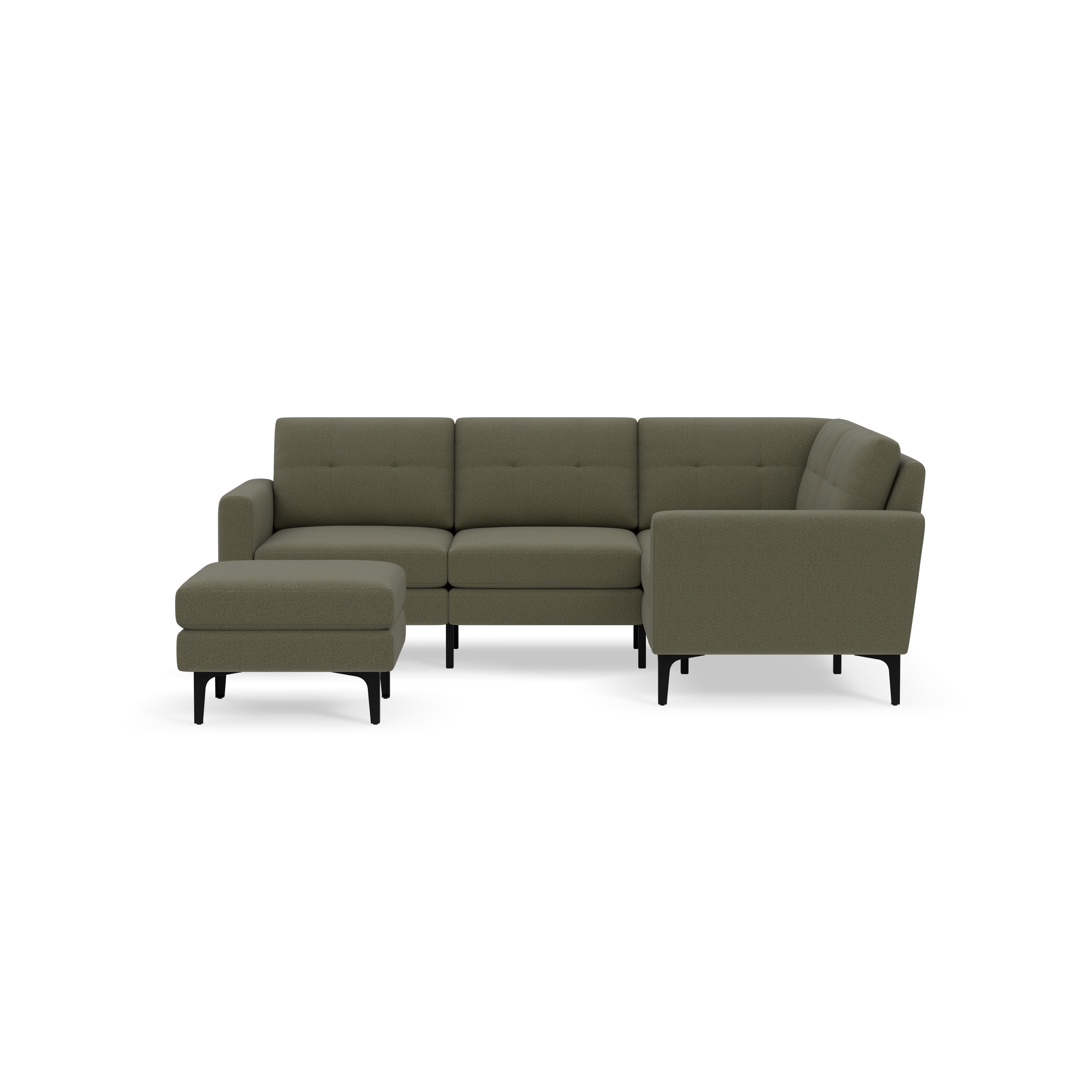 Modern olive green upholstered L-shaped sectional sofa with matching ottoman and black tapered legs, shown on black background.