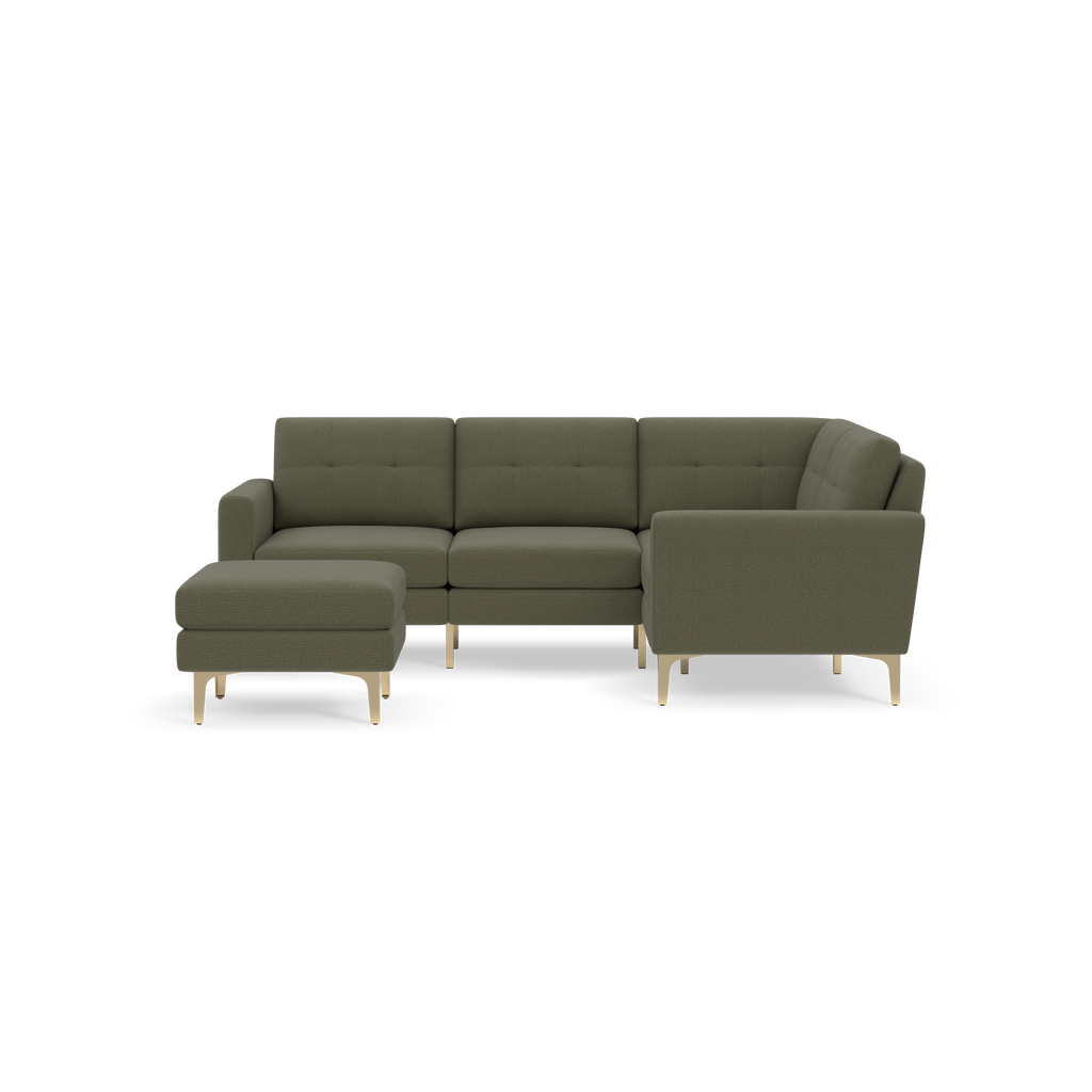 Modern olive green fabric sectional sofa with button-tufted cushions and light wooden legs, accompanied by matching ottoman.