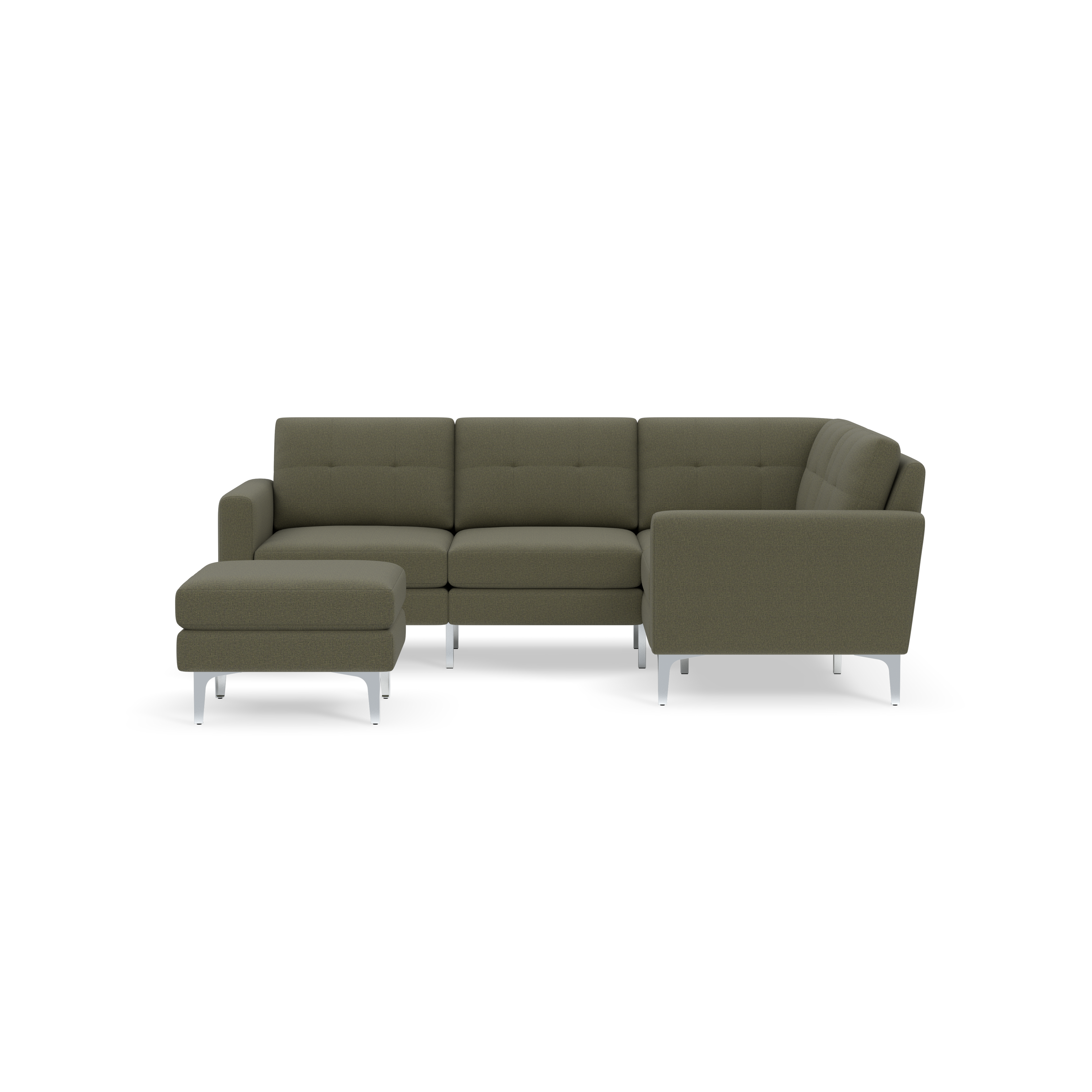 L-shaped olive green sectional sofa with tufted cushions and matching ottoman, featuring sleek silver metal legs.