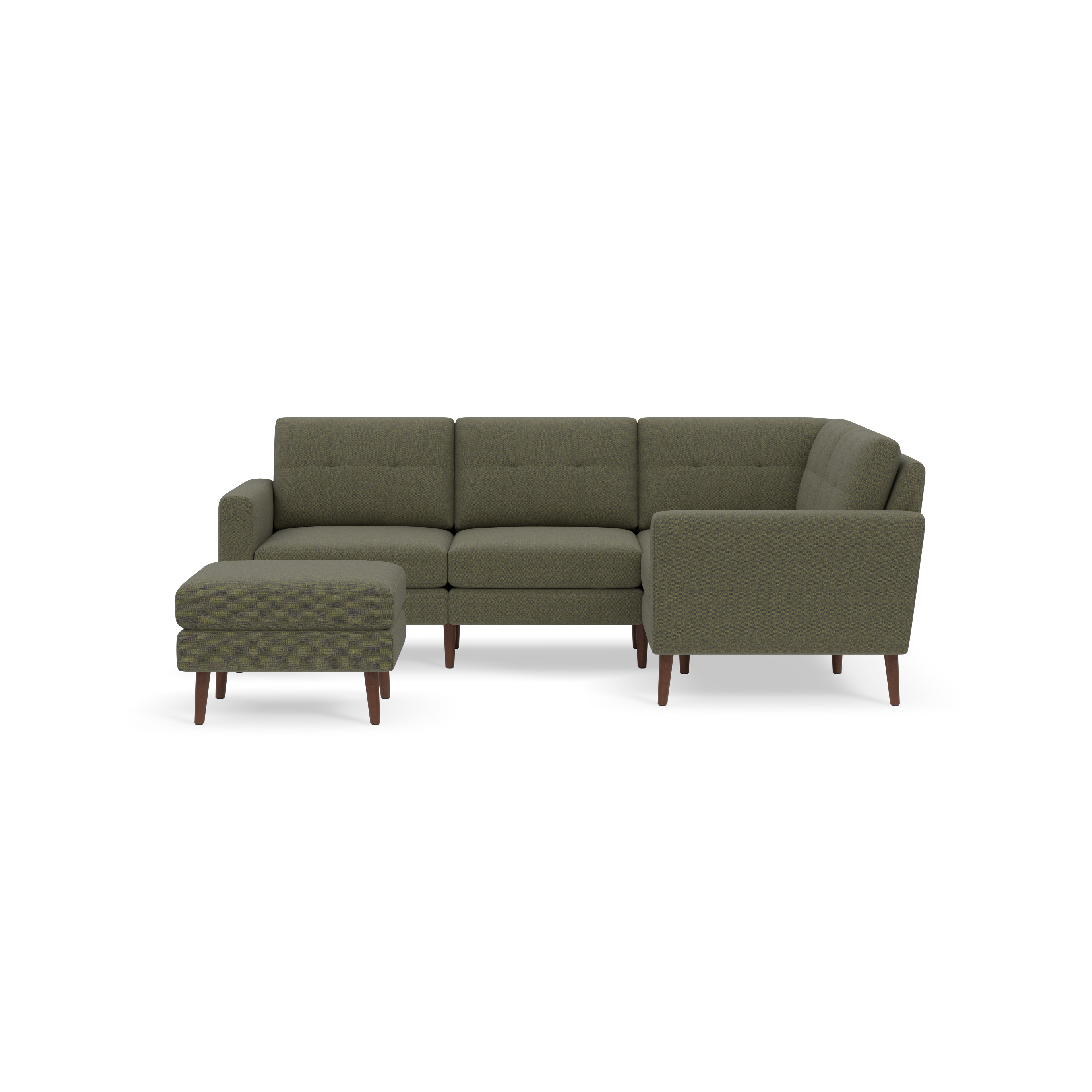 Mid-century style olive green fabric sectional sofa with tufted cushions and wooden legs, paired with matching ottoman.