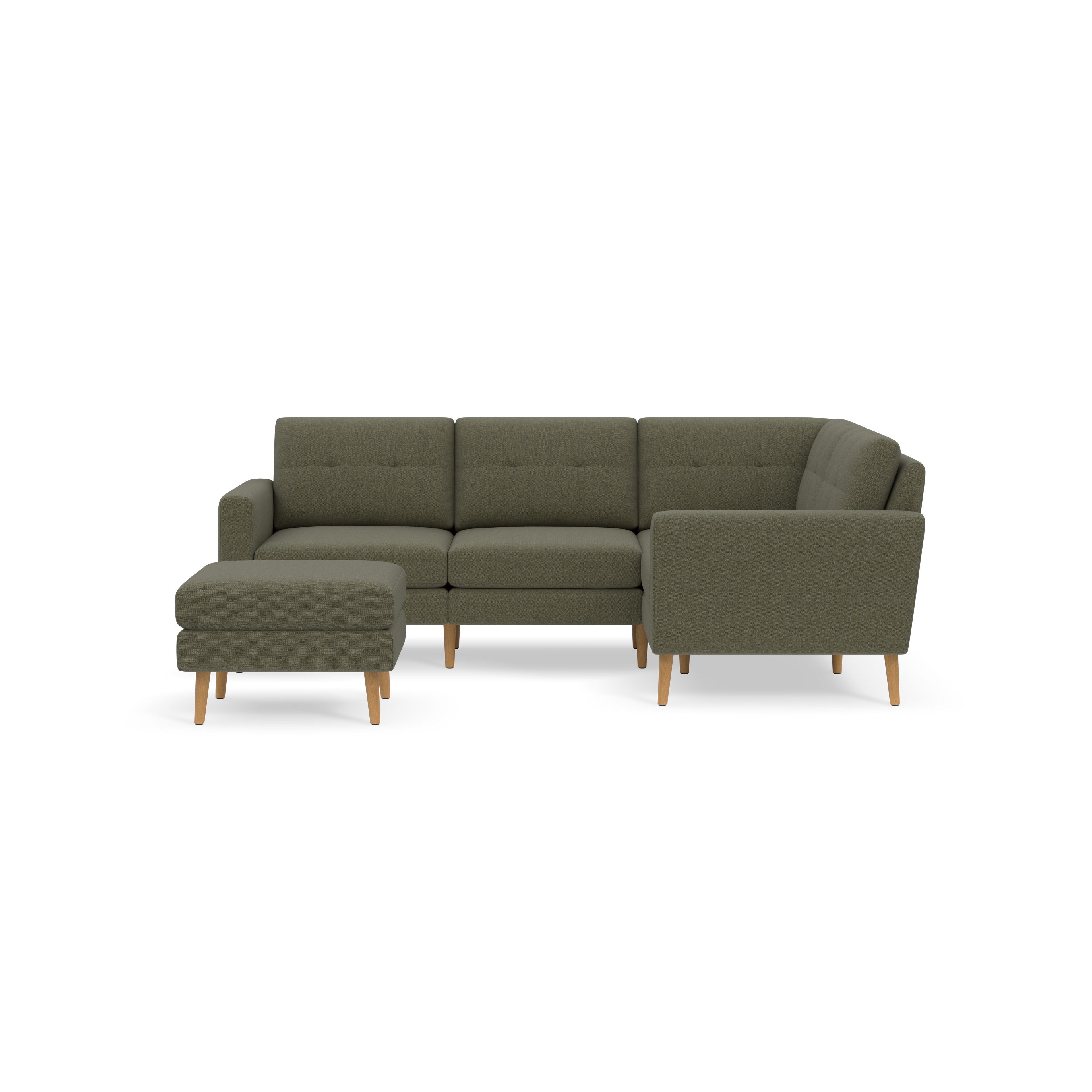Olive green L-shaped sectional sofa with tufted cushions and light wooden legs, accompanied by matching ottoman.