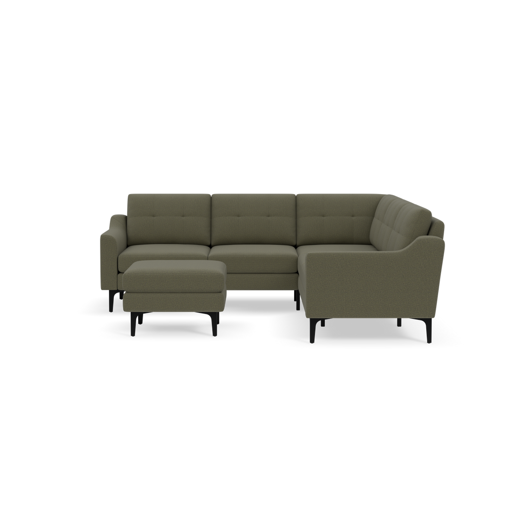 Modern olive green sectional sofa with matching ottoman, tufted cushions, and black tapered legs on black background.