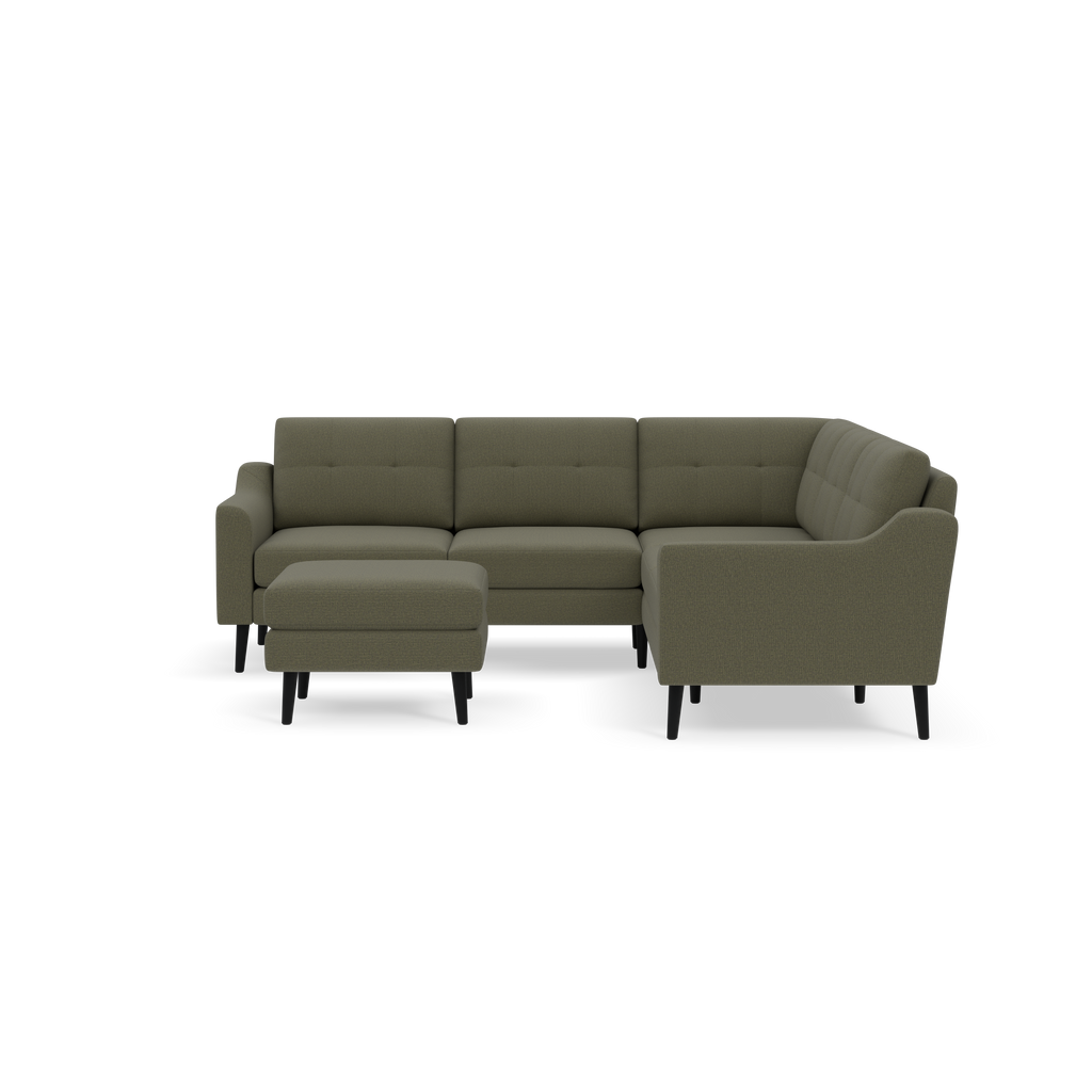 Modern L-shaped sectional sofa with Moss green fabric upholstery, tufted cushions, and matching ottoman against a black background.