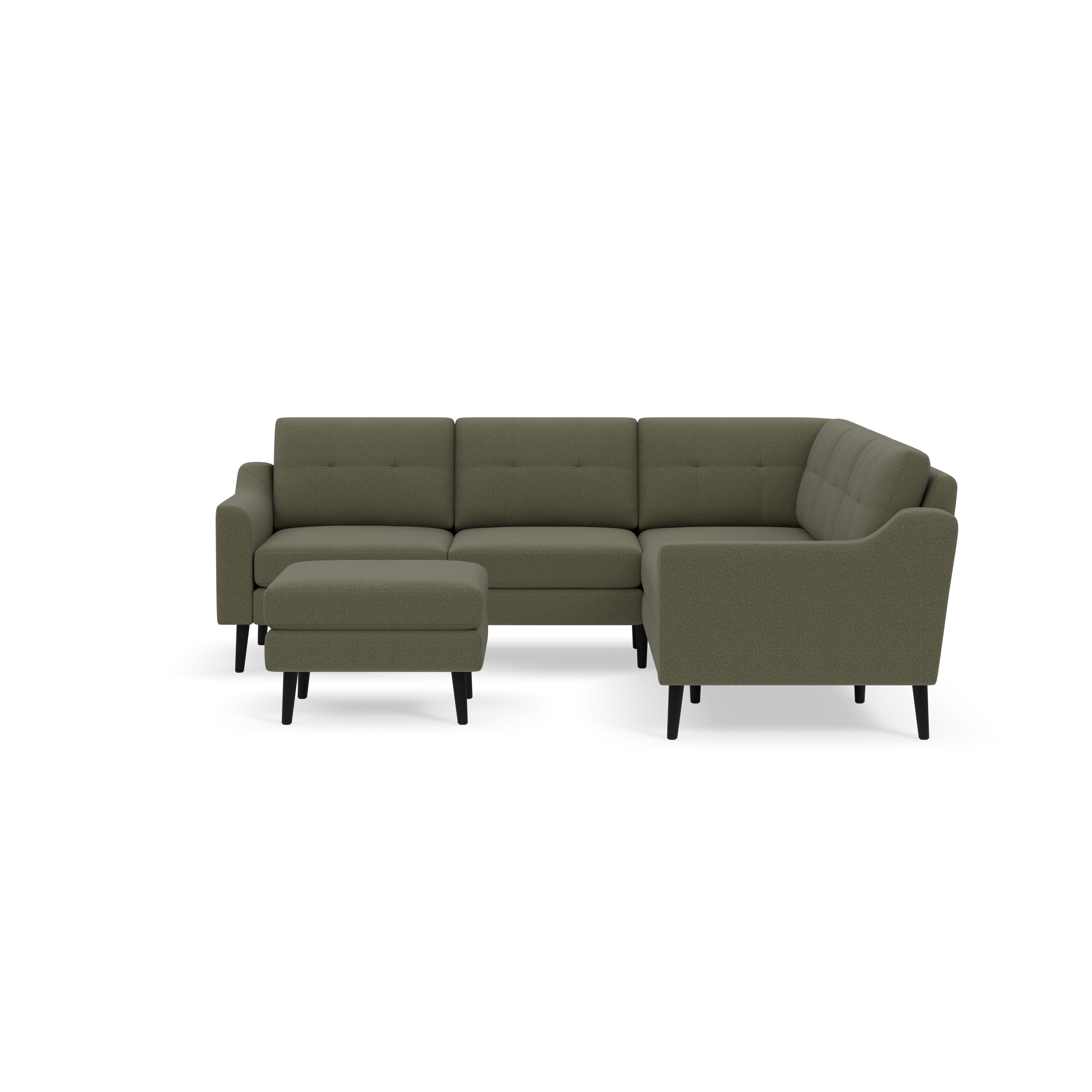 Modern L-shaped sectional sofa with Moss green fabric upholstery, tufted cushions, and matching ottoman against a black background.