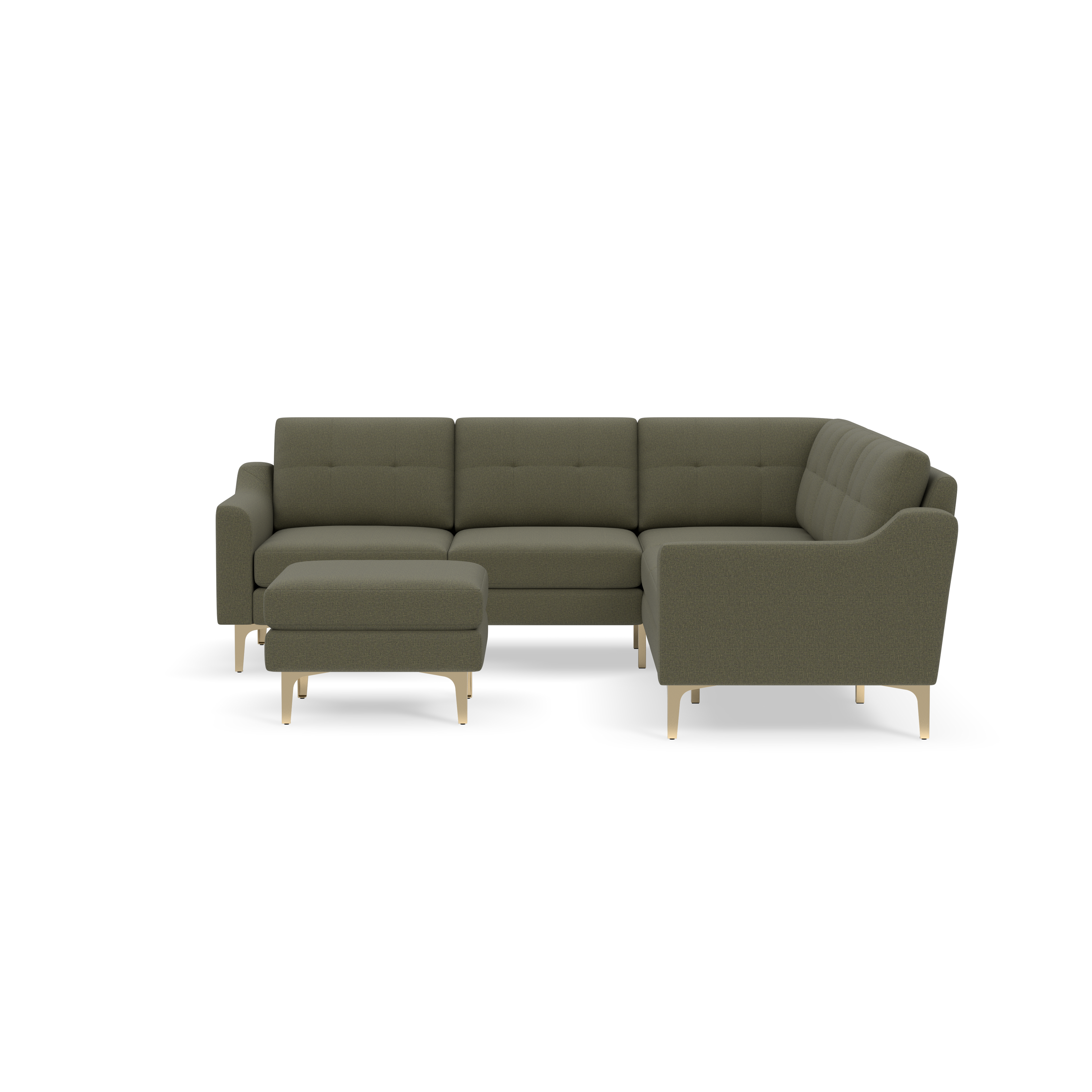 Modern Moss green L-shaped sectional sofa with tufted cushions and light wooden legs, including a matching ottoman.