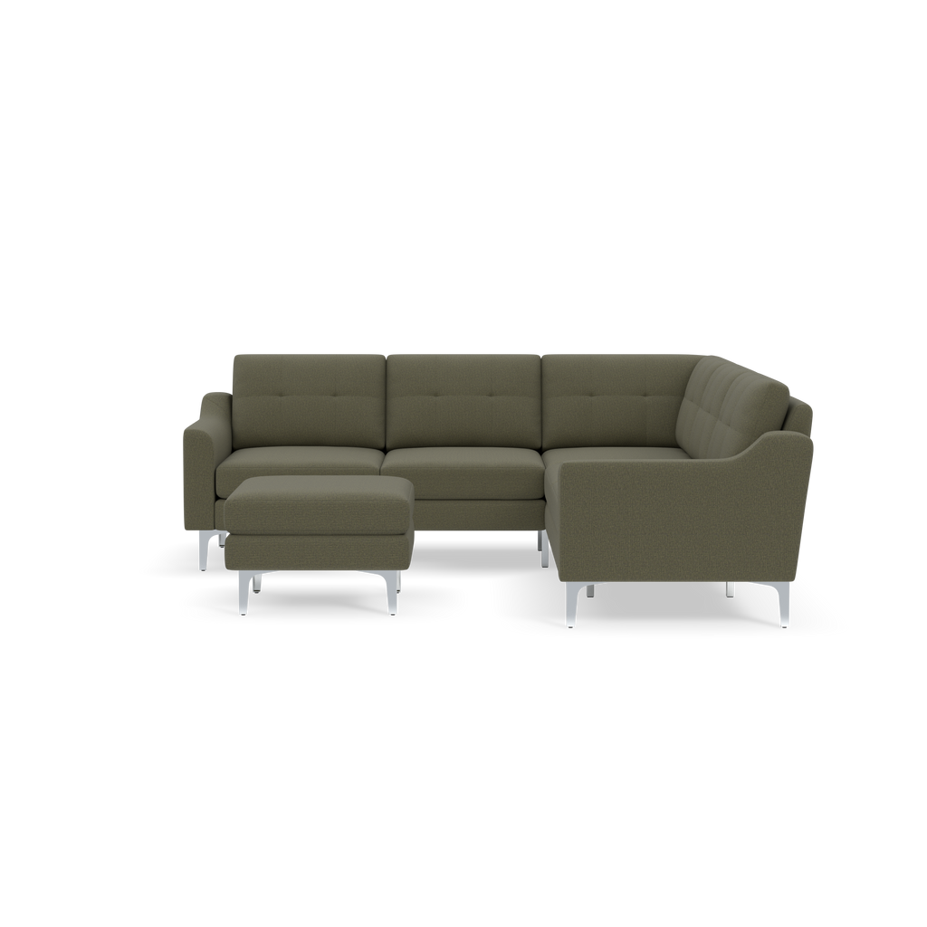 Modern Moss green fabric L-shaped sectional sofa with tufted cushions and sleek metal legs, accompanied by matching ottoman.