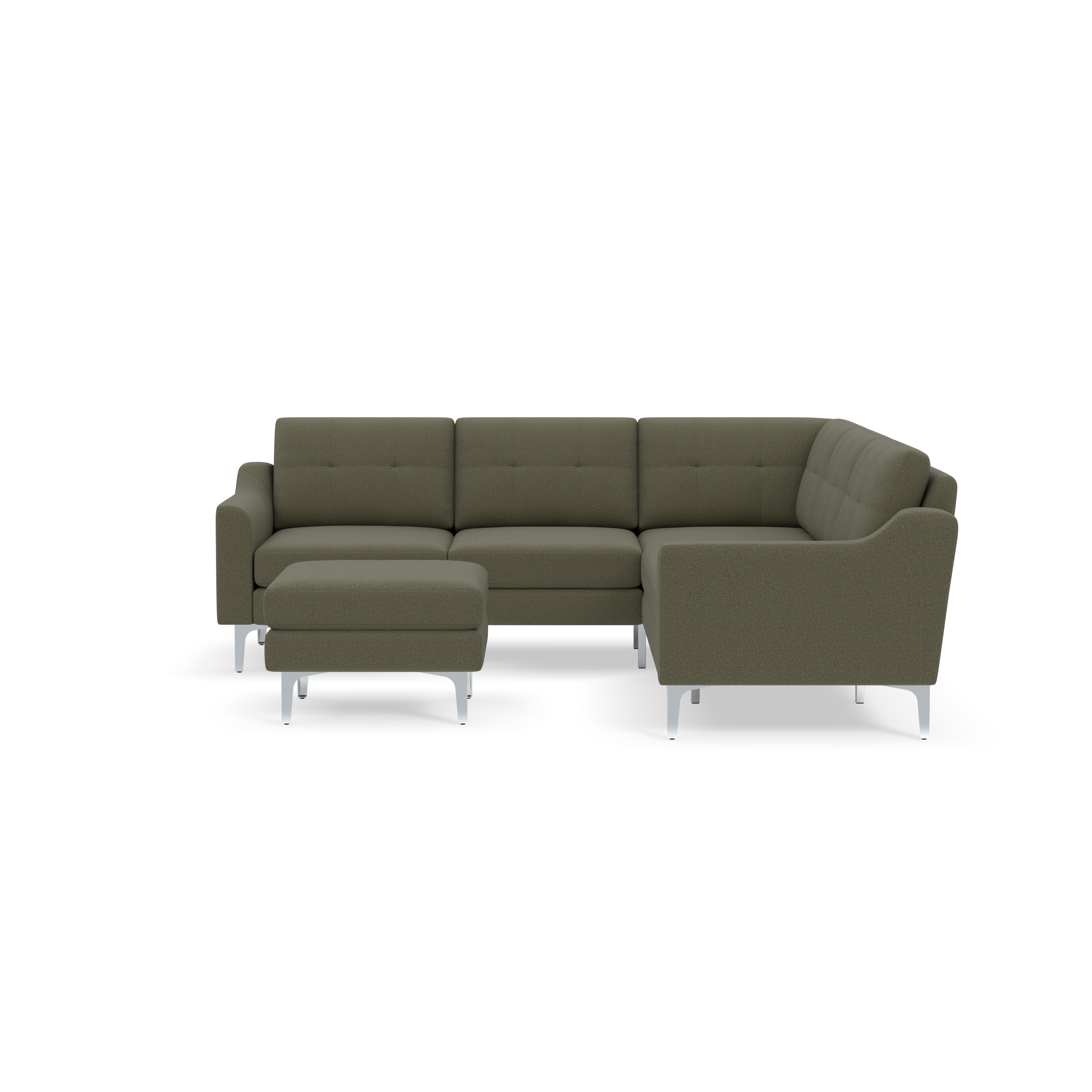 Modern Moss green fabric L-shaped sectional sofa with tufted cushions and sleek metal legs, accompanied by matching ottoman.