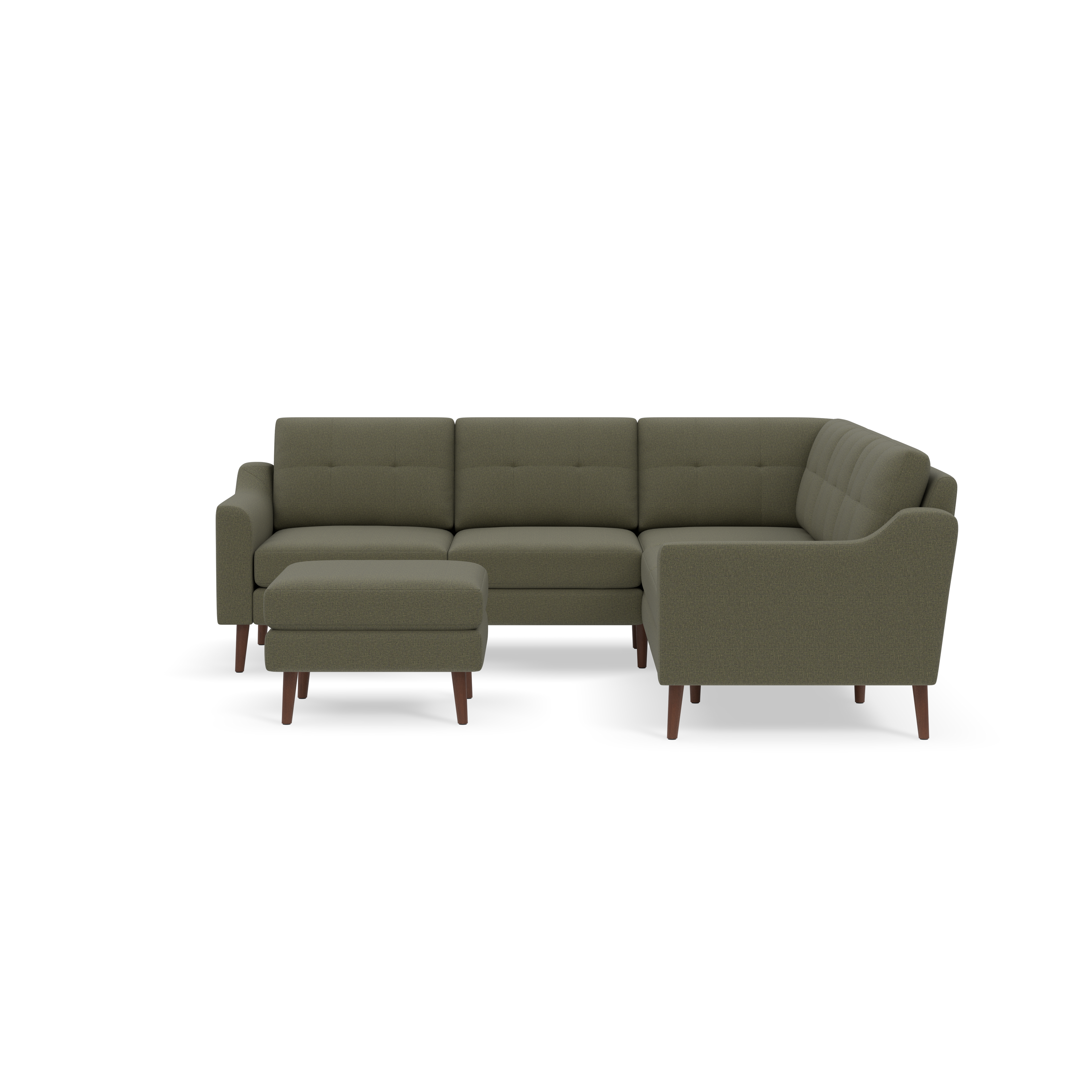 L-shaped sectional sofa in Moss green fabric with tufted cushions and wooden legs, accompanied by a matching ottoman.