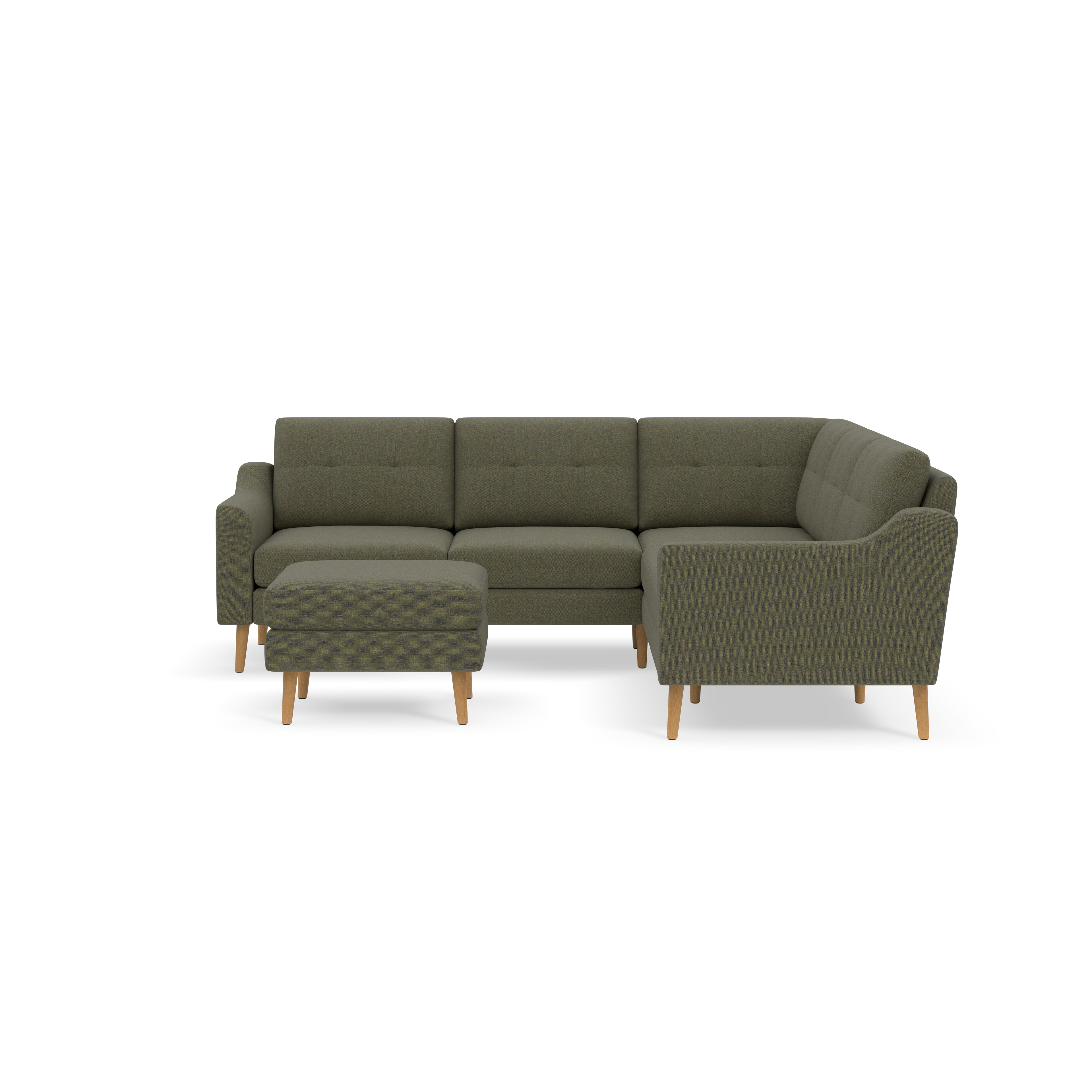 L-shaped Moss green fabric sectional sofa with button-tufted cushions, wooden legs, and a matching ottoman against black background.
