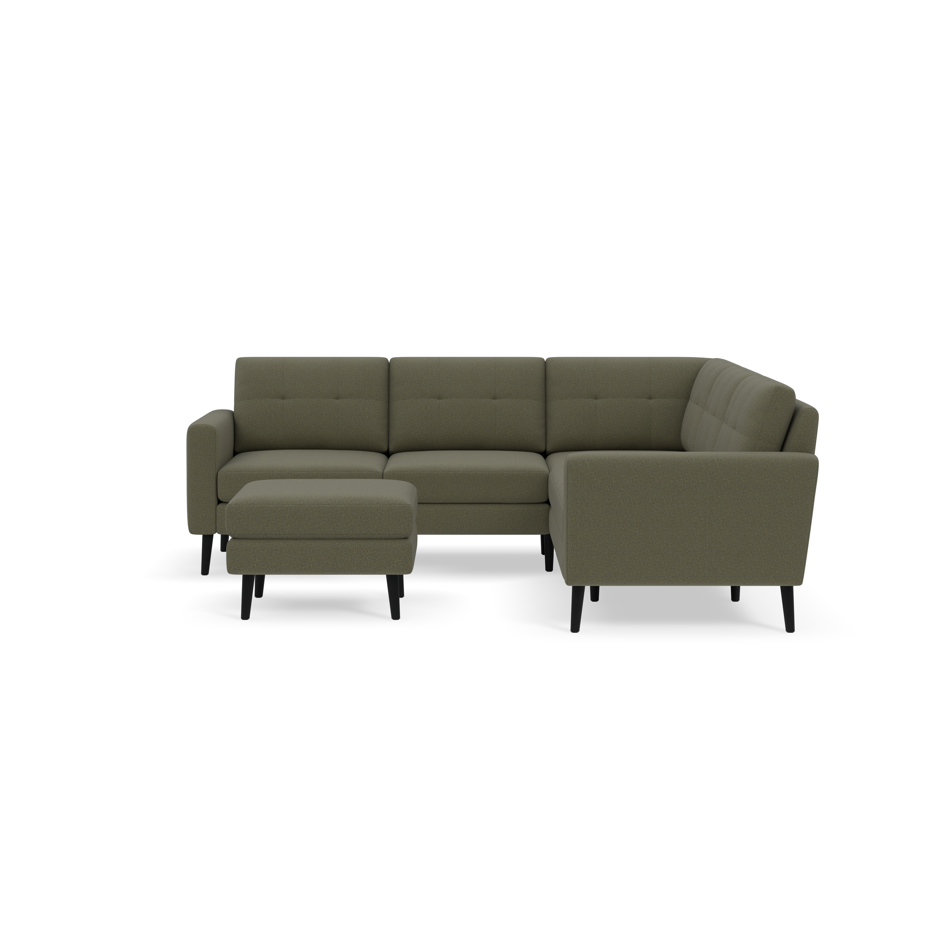 Modern olive green fabric L-shaped sectional sofa with tufted cushions and matching ottoman on black wooden legs.