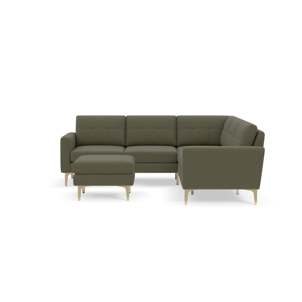 Modern sectional sofa set in olive green fabric with tufted cushions and angled wooden legs, includes matching ottoman.