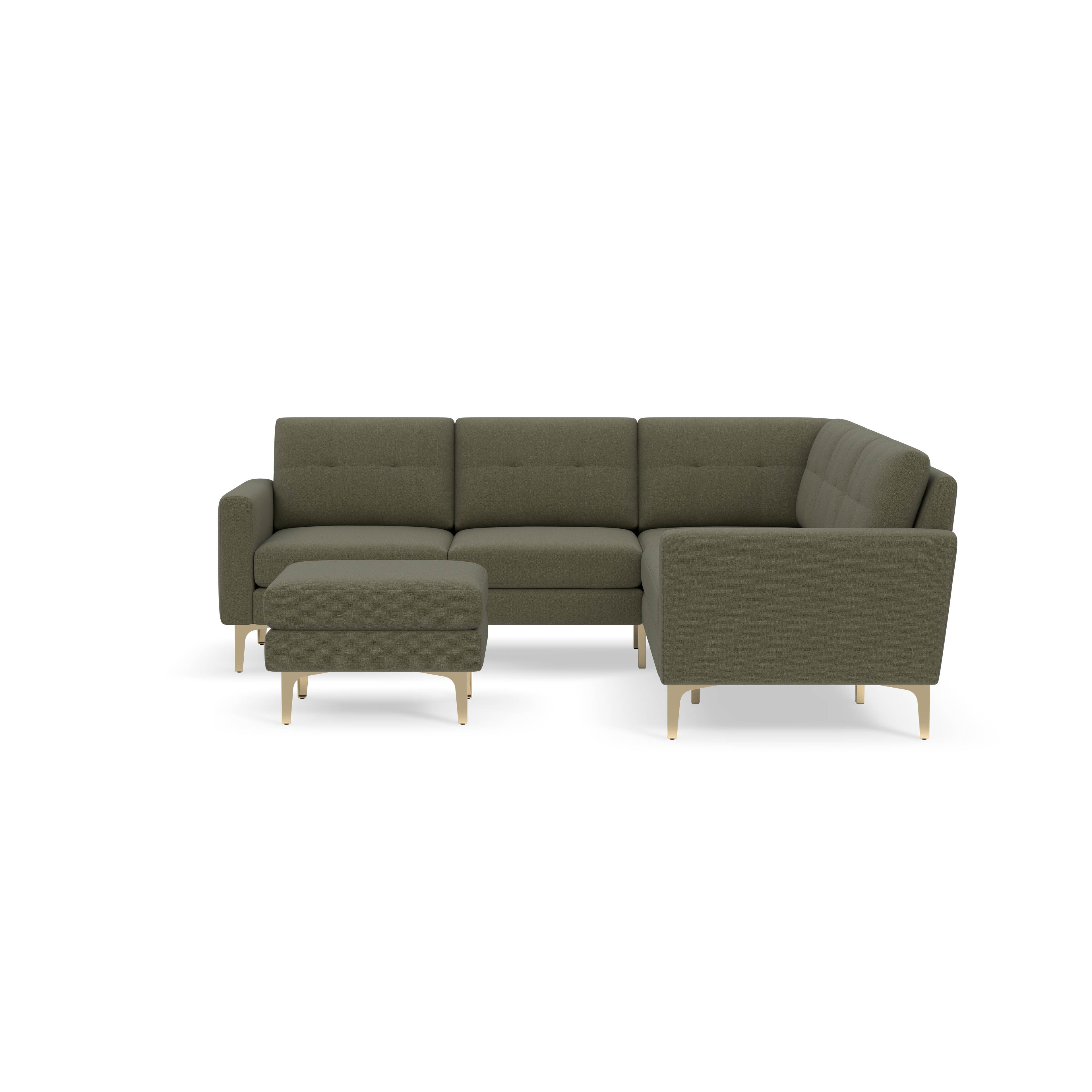 Modern sectional sofa set in olive green fabric with tufted cushions and angled wooden legs, includes matching ottoman.