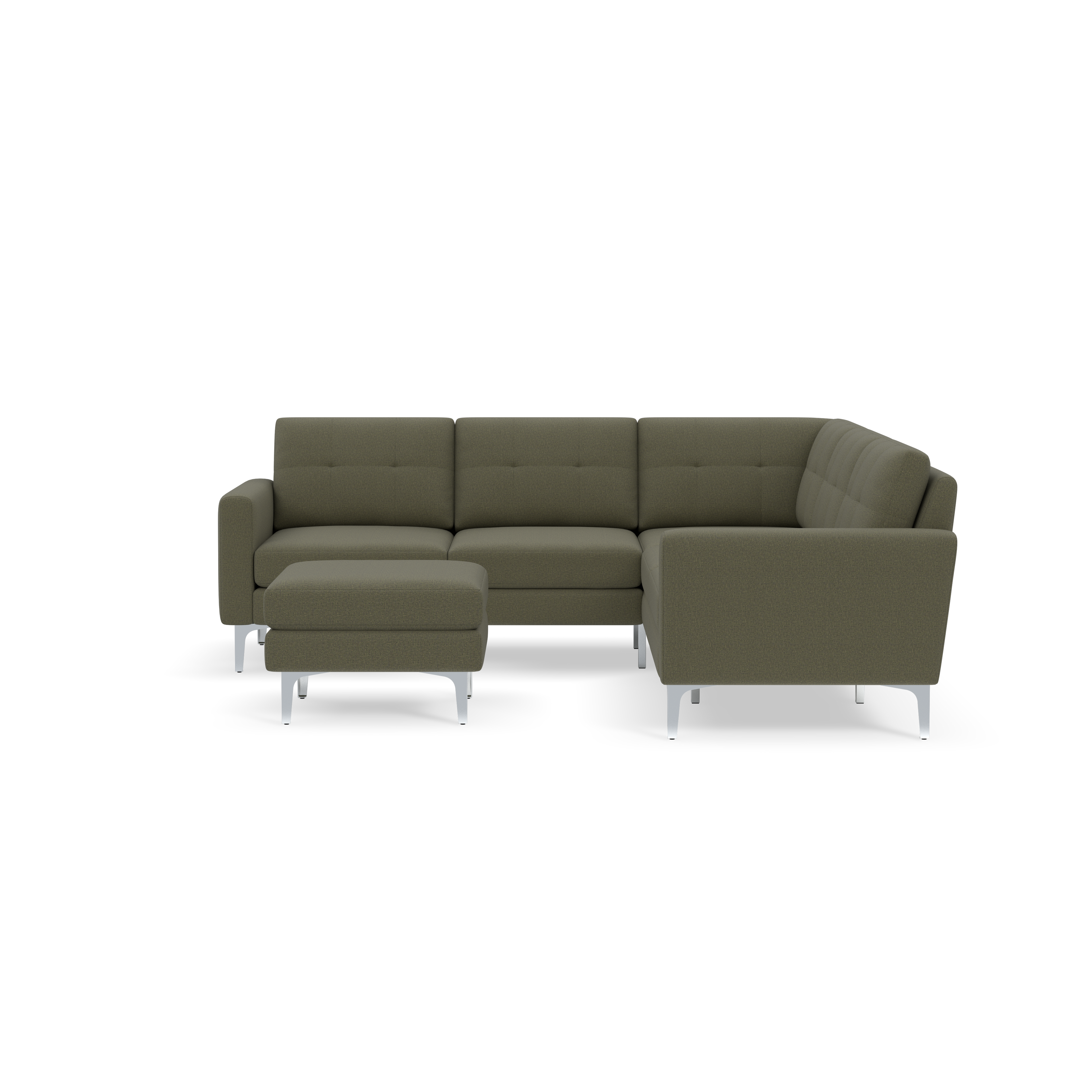 Modern olive green fabric sectional sofa with metal legs, including a matching ottoman, centered on black background.