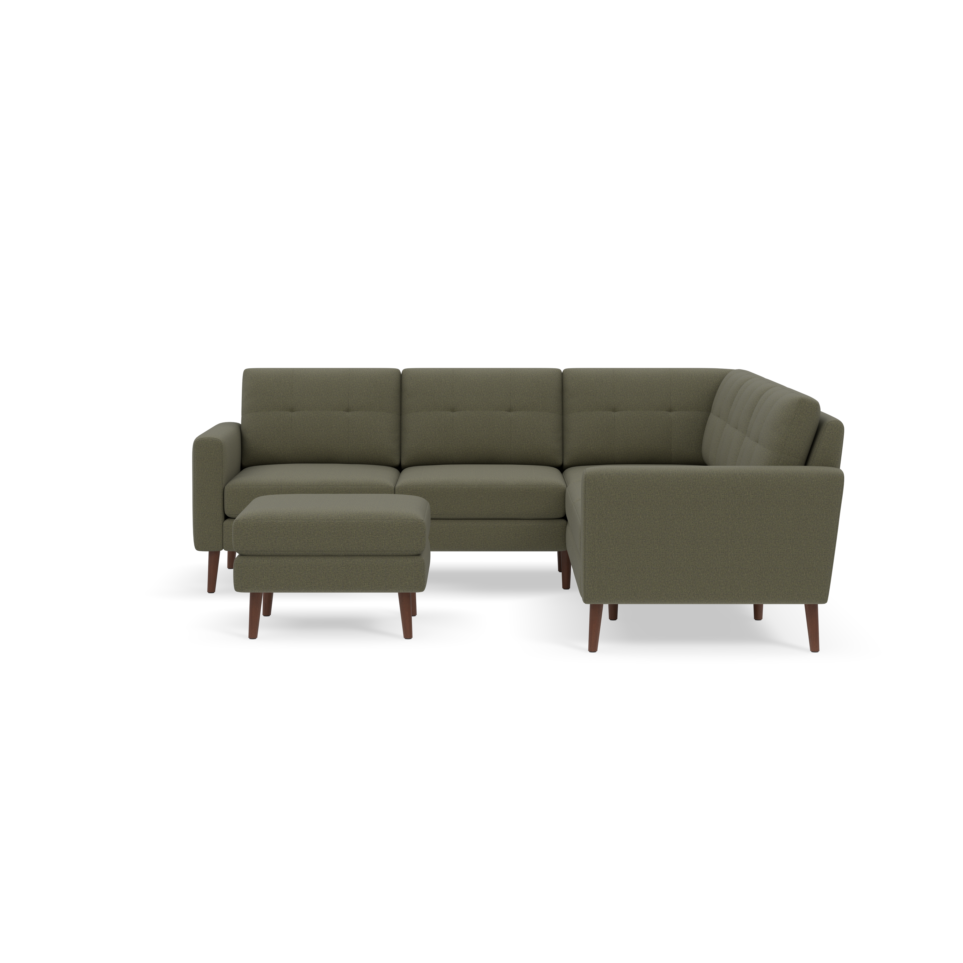 Olive green sectional sofa with tufted cushions and wooden legs, including a matching ottoman.
