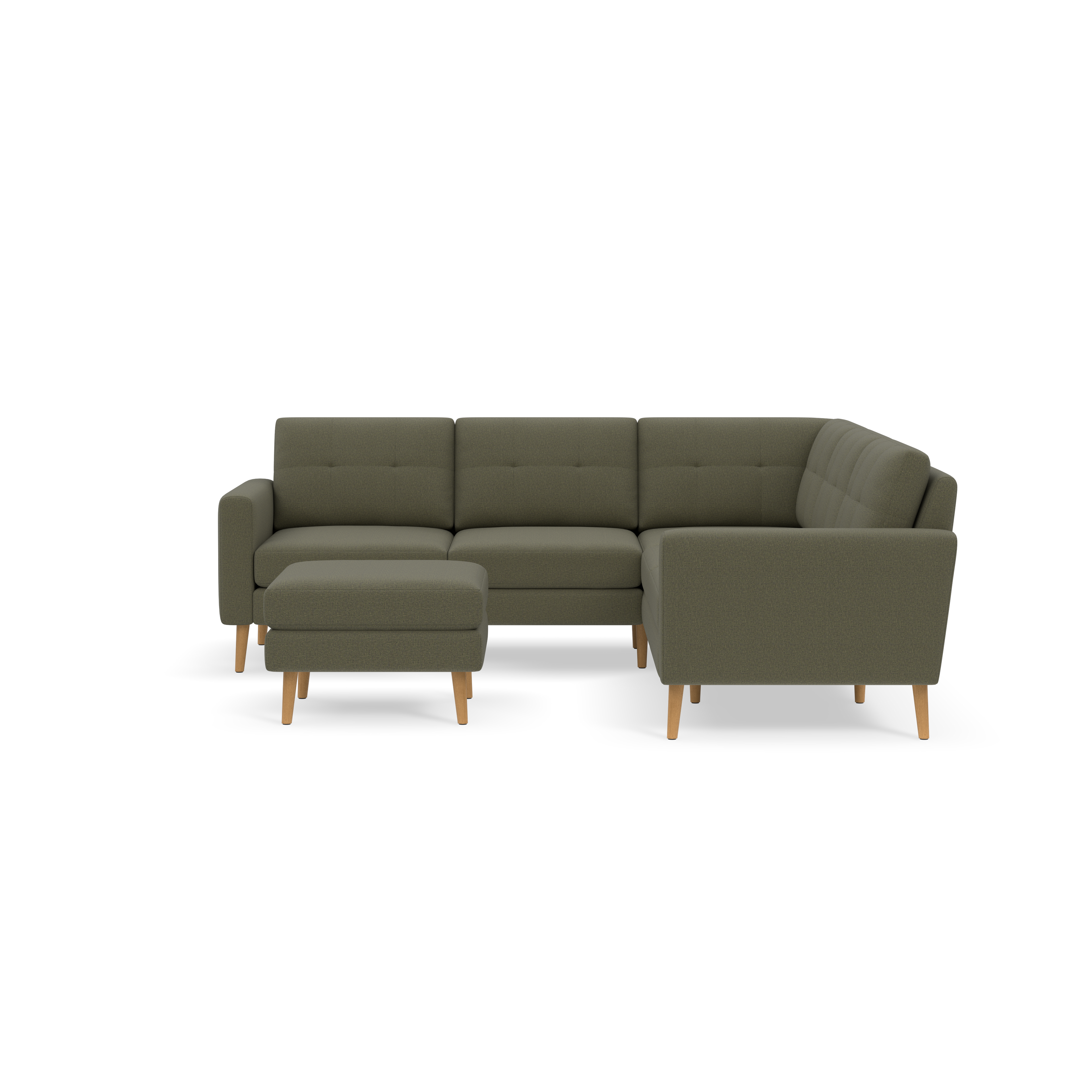 Modern olive green L-shaped sectional sofa with tufted cushions and light wooden legs, paired with a matching ottoman.