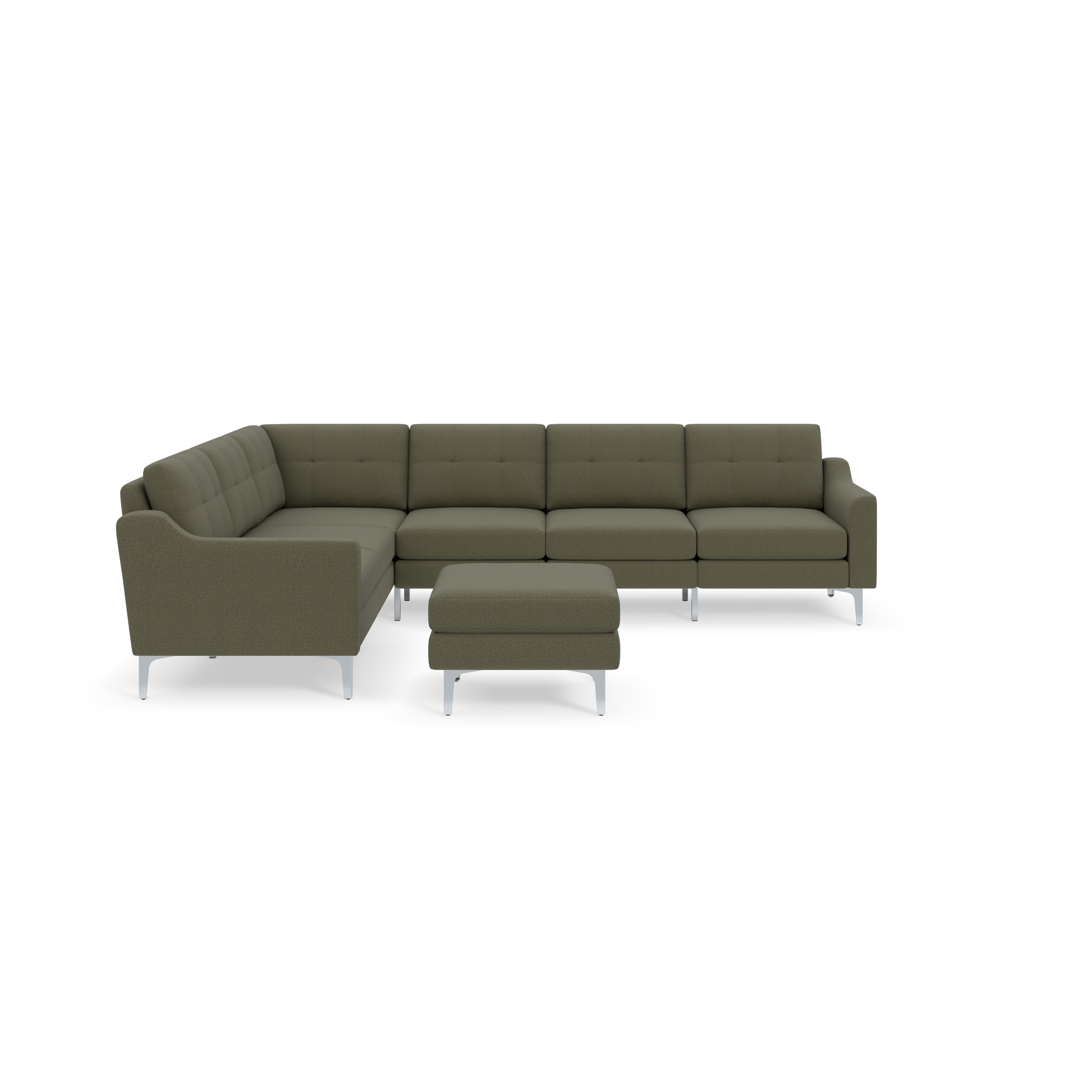 Modern L-shaped sectional sofa with Moss green upholstery and matching ottoman, featuring metal legs against black background.