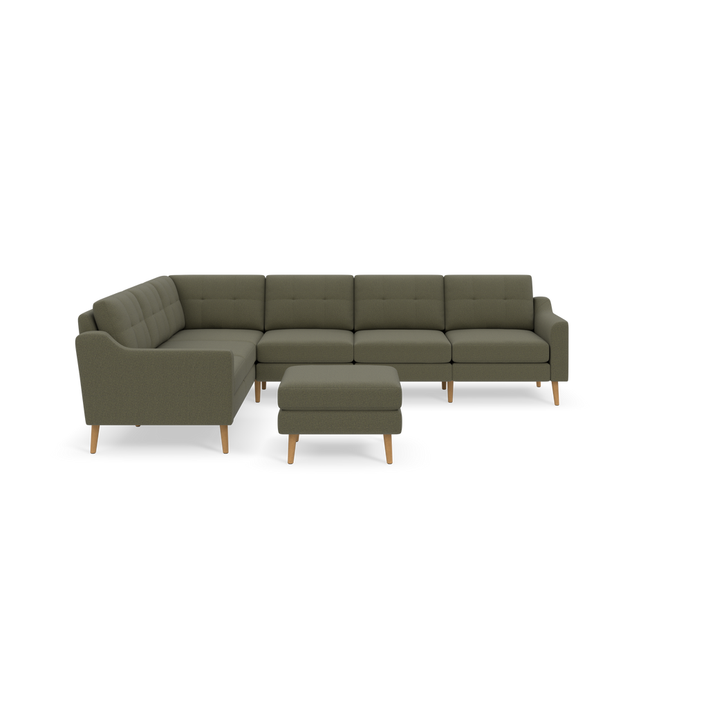 Modern L-shaped sectional sofa with Moss green fabric upholstery and wooden legs, accompanied by a matching cushioned ottoman.