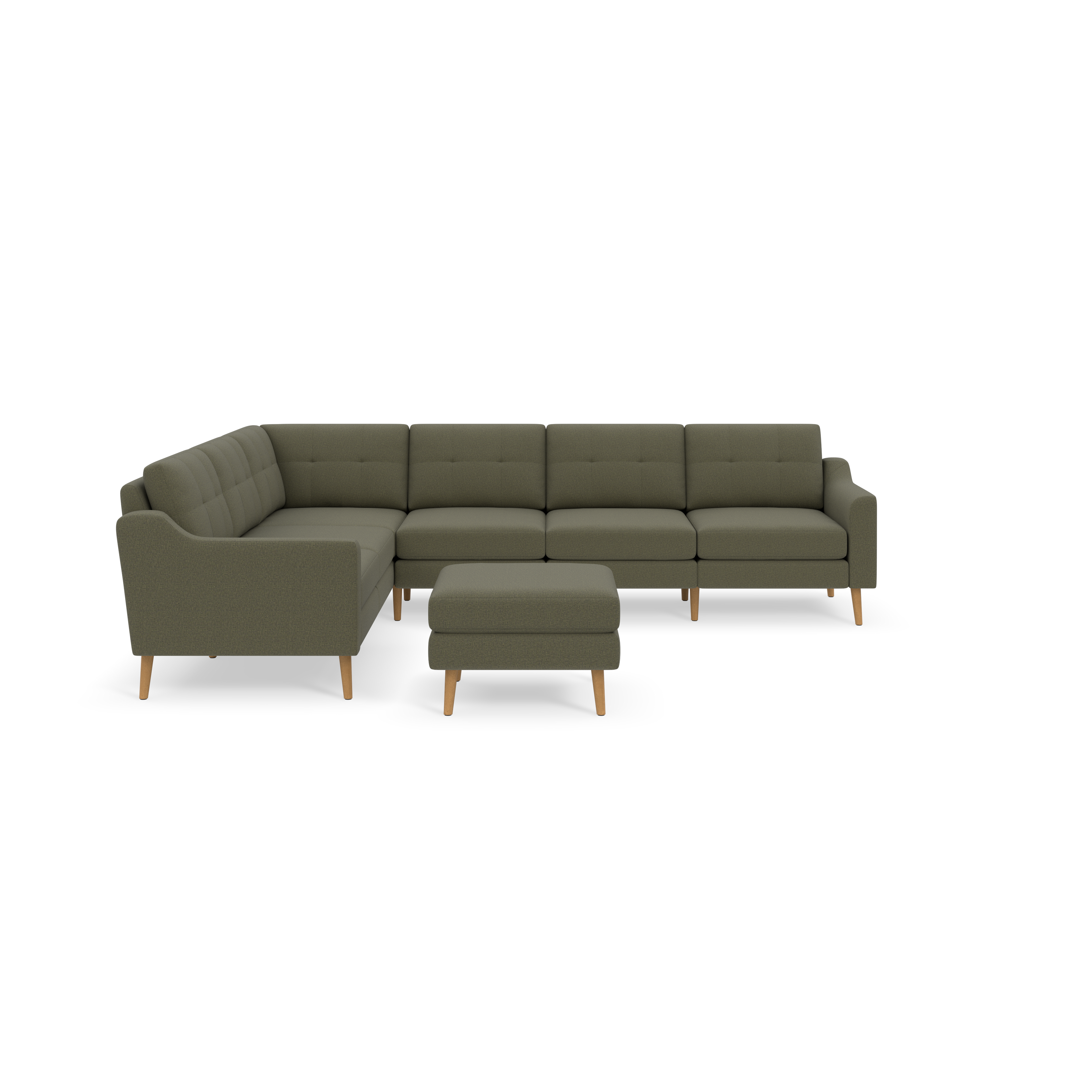 Modern L-shaped sectional sofa with Moss green fabric upholstery and wooden legs, accompanied by a matching cushioned ottoman.