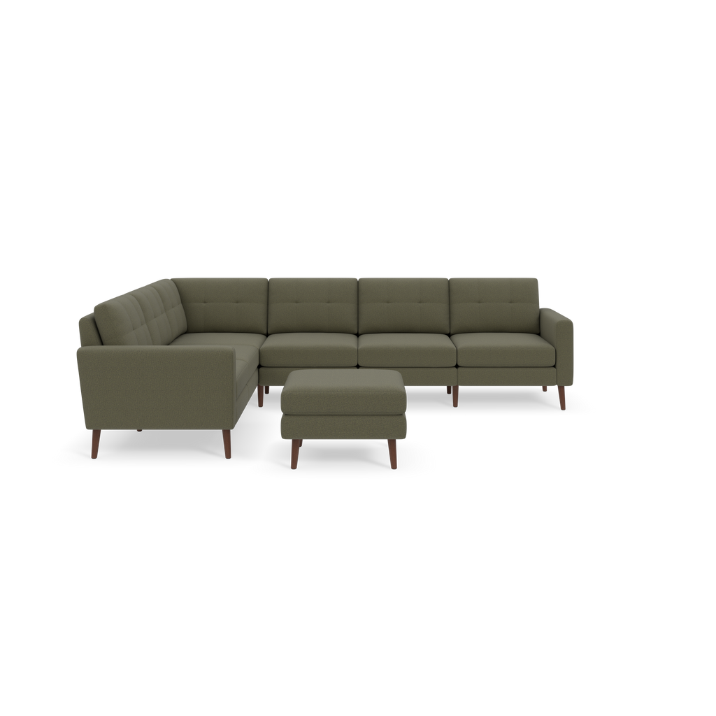 L-shaped Moss green sectional sofa with tufted cushions and wooden legs, paired with a matching cushioned ottoman.