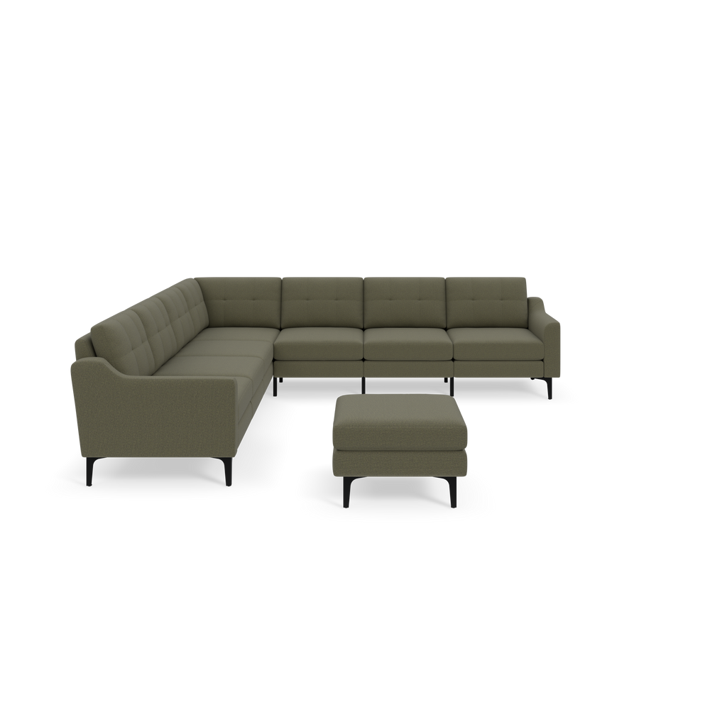 Modern L-shaped sectional sofa and matching ottoman in Moss green fabric with button tufting and black legs on black background.