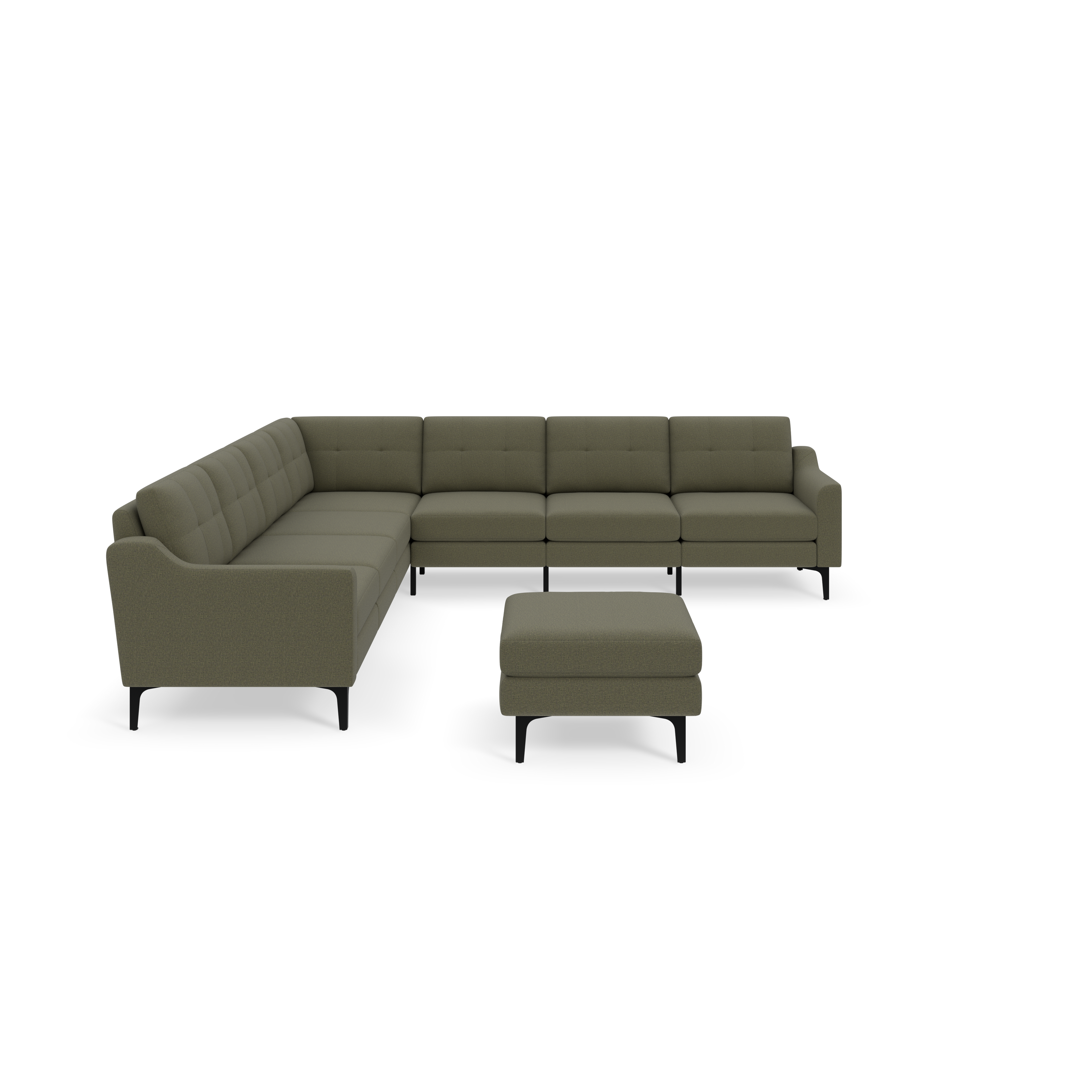 Modern L-shaped sectional sofa and matching ottoman in Moss green fabric with button tufting and black legs on black background.