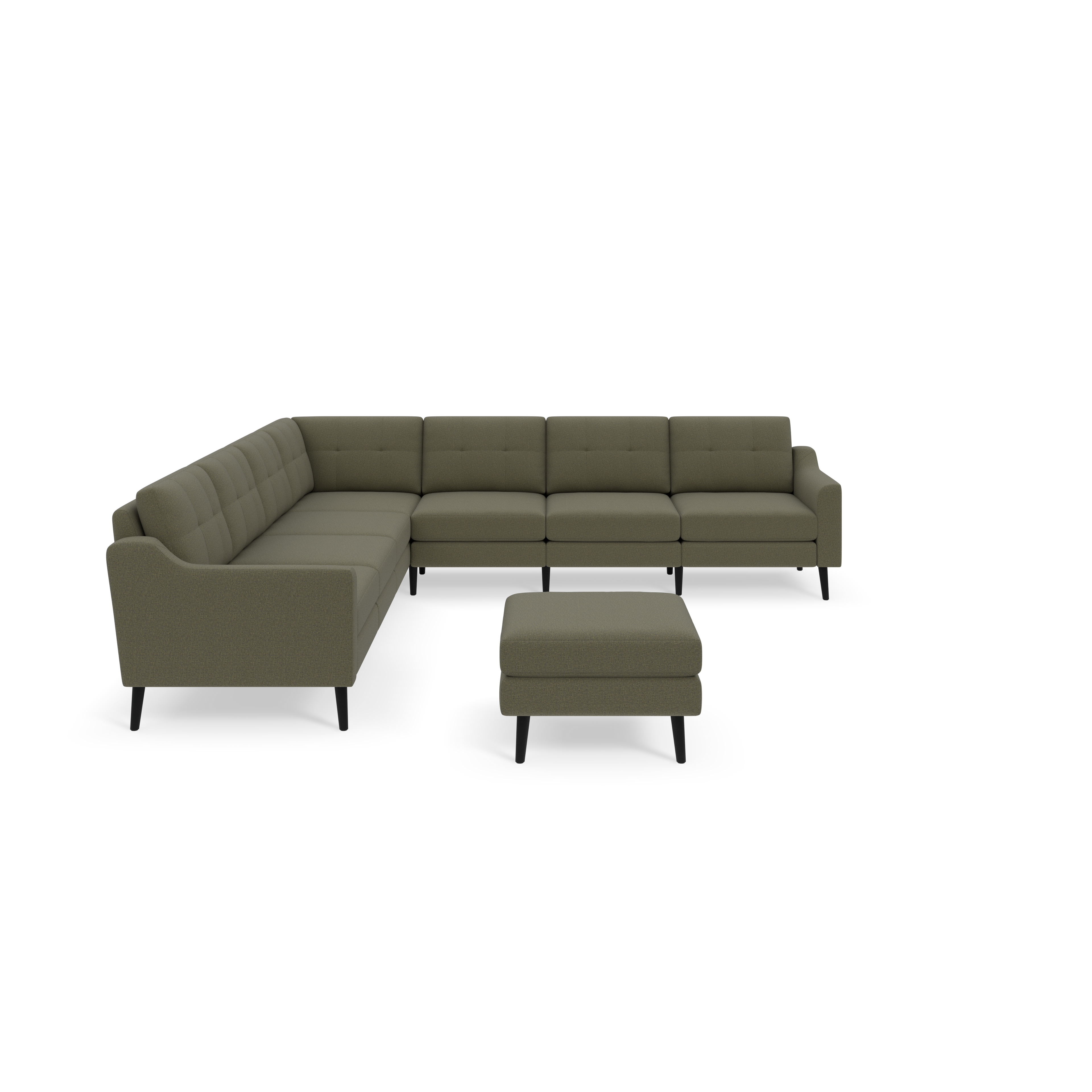 L-shaped Moss green sectional sofa with tufted cushions and matching ottoman, featuring black wooden legs on a black background.