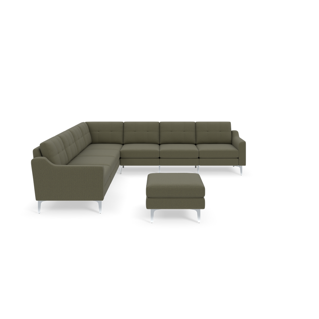 Modern Moss green L-shaped sectional sofa with metal legs and matching square ottoman against black background.
